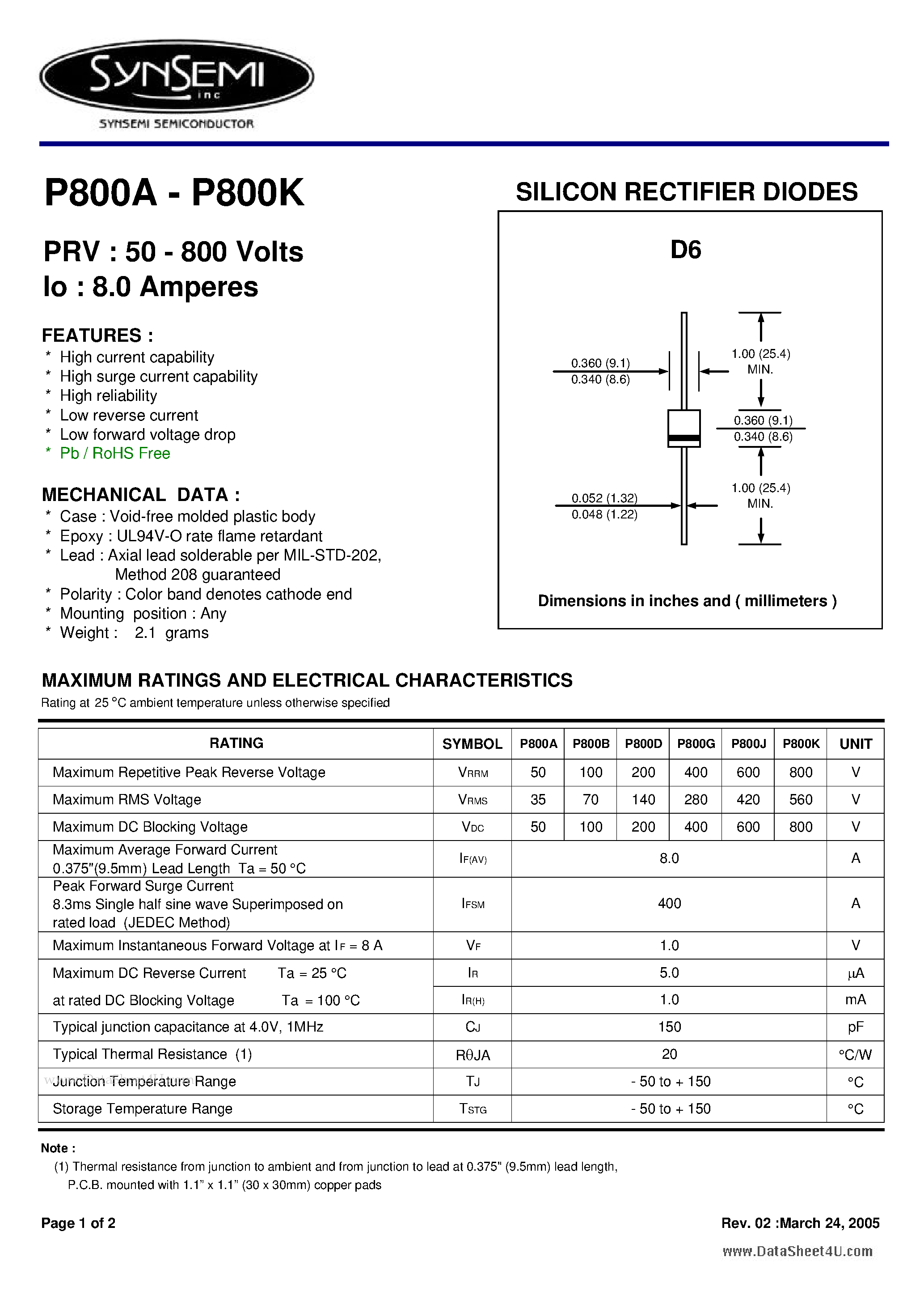 Даташит P800A - SILICON RECTIFIER DIODES страница 1