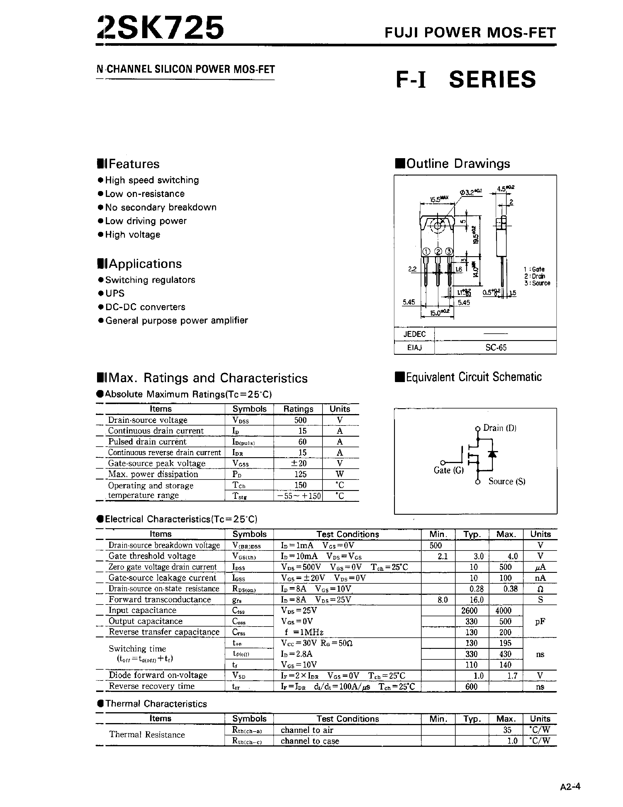 Datasheet 2SK725 page 1 Datasheet 2SK725 - N-CHANNEL SILICON POWER MOS-FET page 1