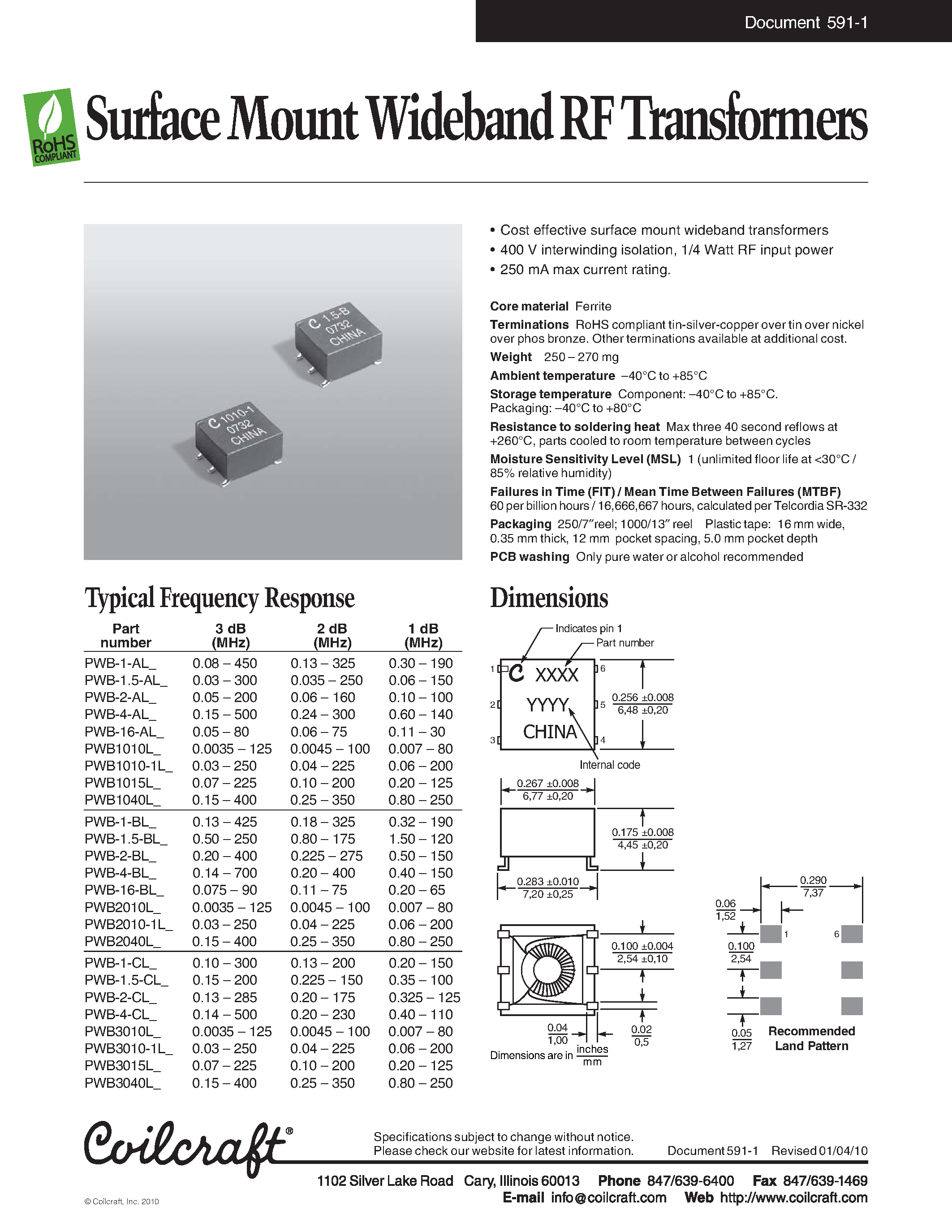 Даташит PWB-1-AL - Surface Mount Wideband RF Transformers страница 1