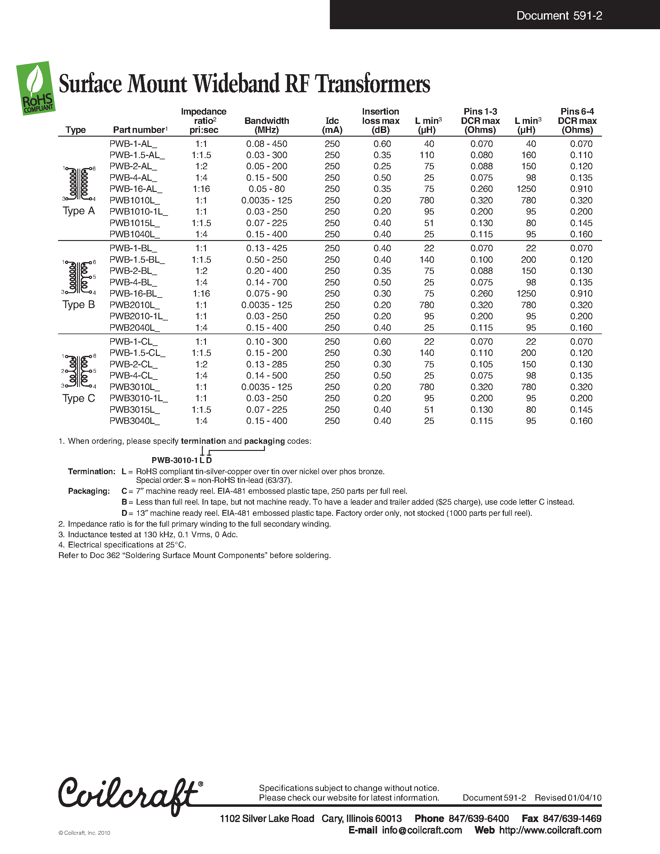Даташит PWB-1-AL - Surface Mount Wideband RF Transformers страница 2