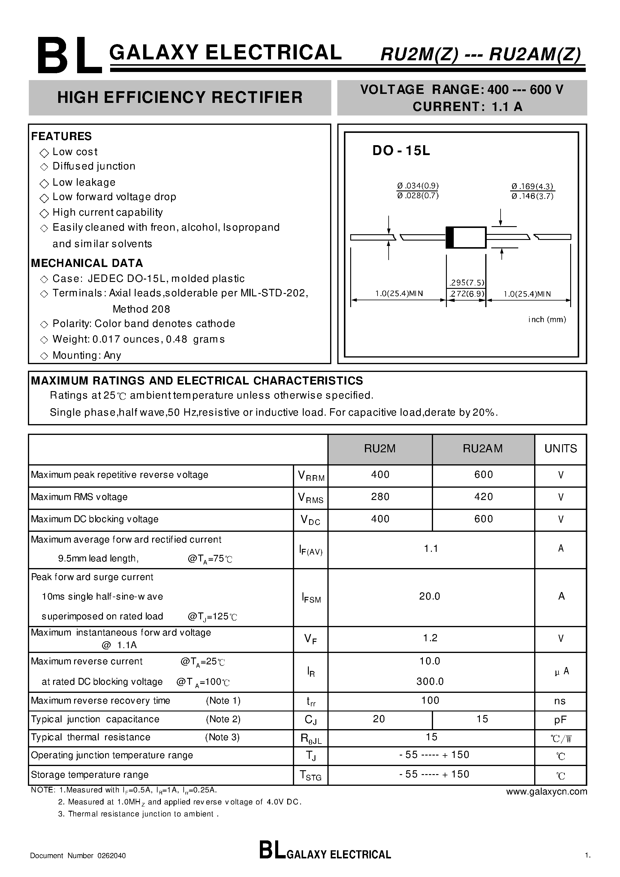 Даташит RU2AM - (RU2MZ / RU2AMZ) HIGH EFFICIENCY RECTIFIER страница 1