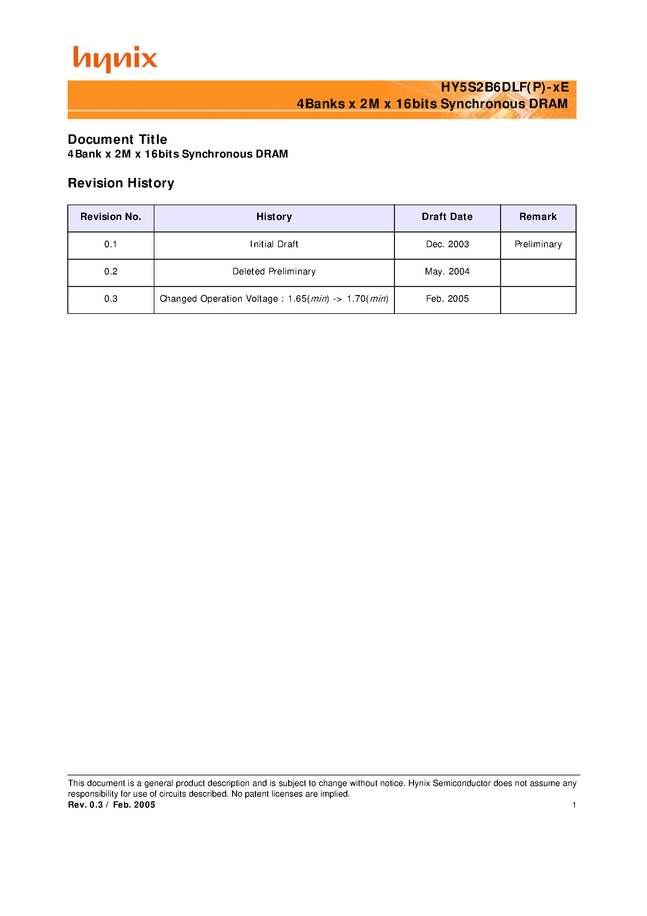 Datasheet HY5S2B6DLF-BE - 4Banks x 2M x 16bits Synchronous DRAM page 1
