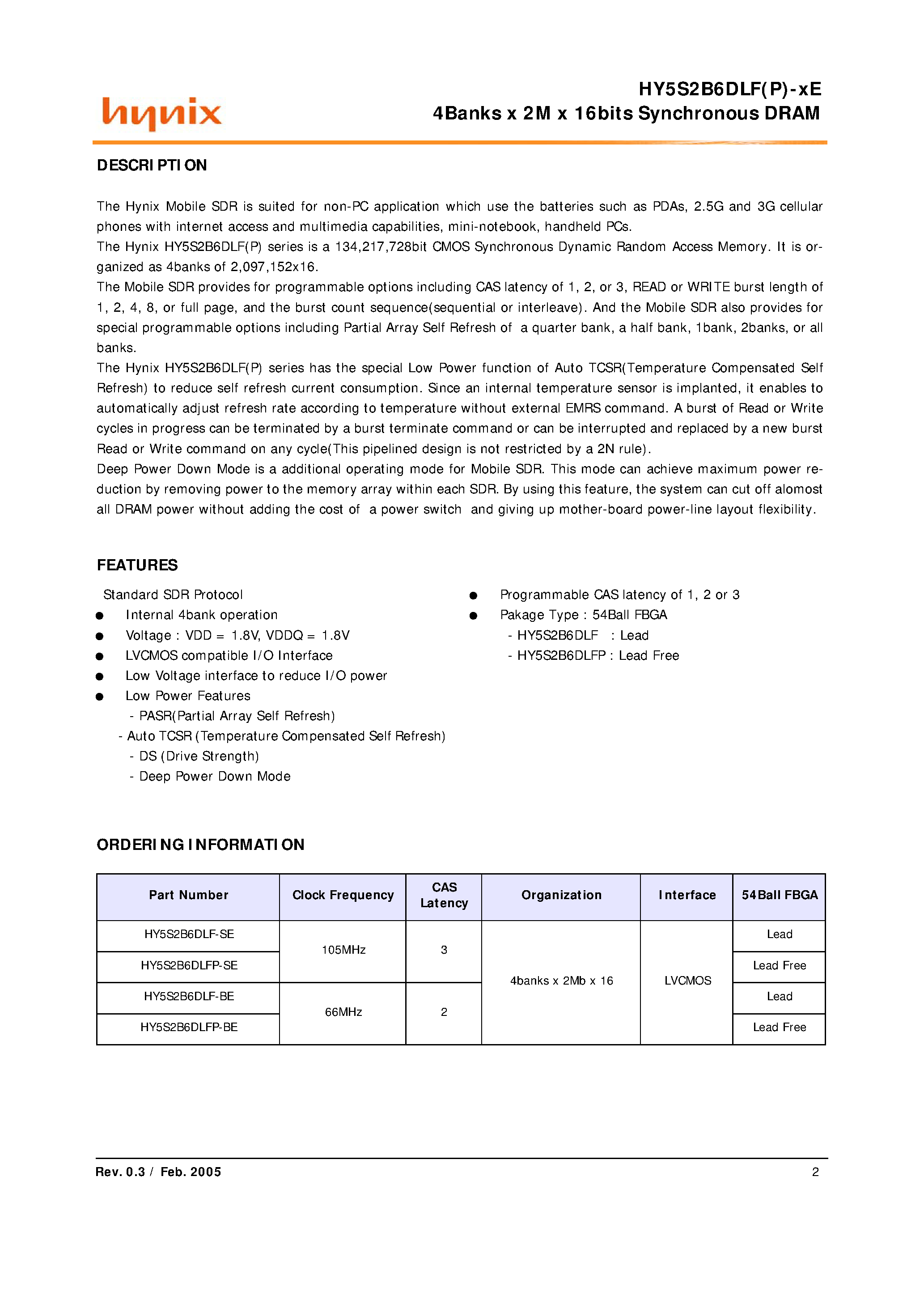 Datasheet HY5S2B6DLF-BE - 4Banks x 2M x 16bits Synchronous DRAM page 2