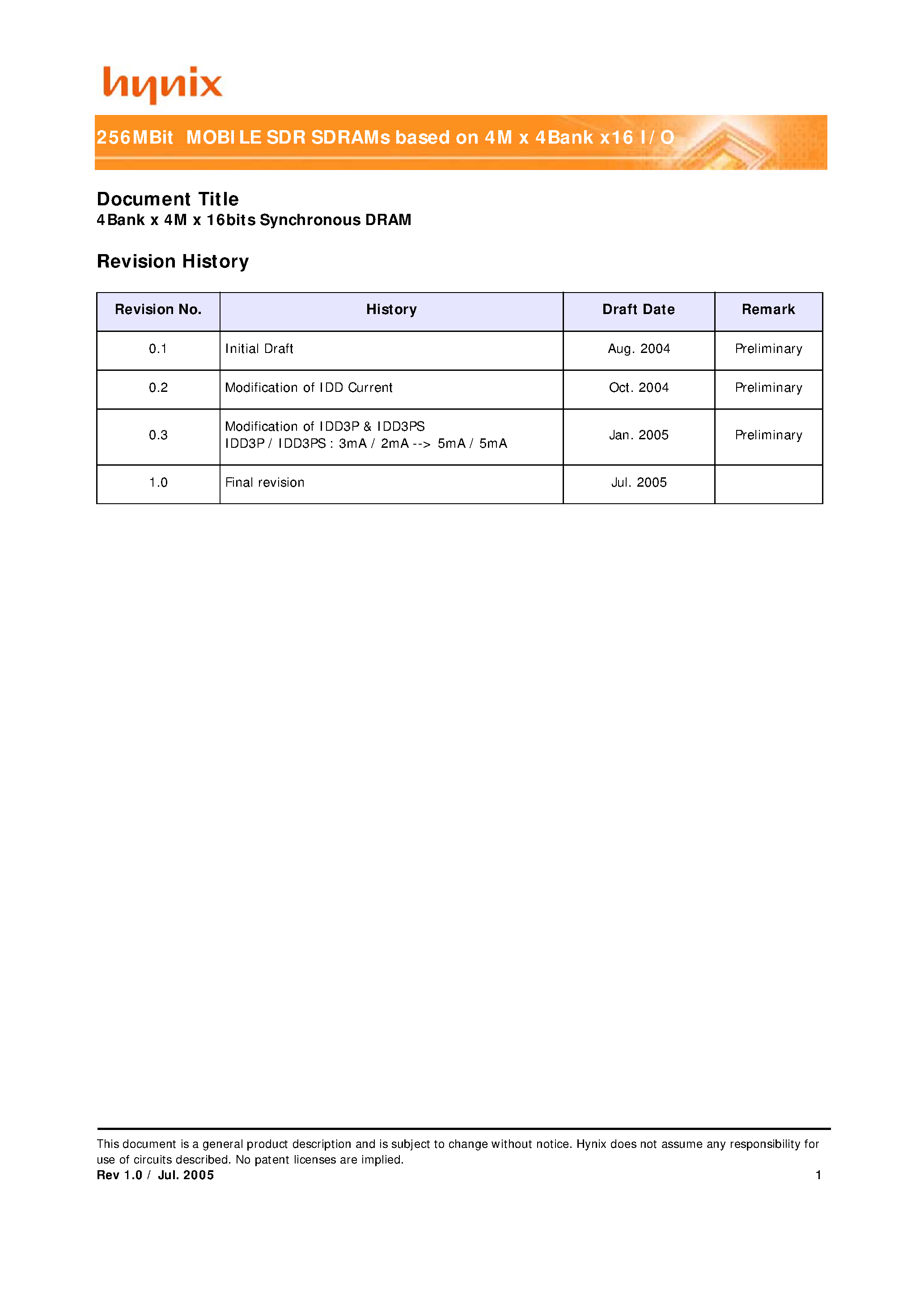 Datasheet HY5S5B6ELF-HE page 1 Datasheet HY5S5B6ELF-HE - 256MBit MOBILE SDR SDRAMs based on 4M x 4Bank x16 I/O page 1