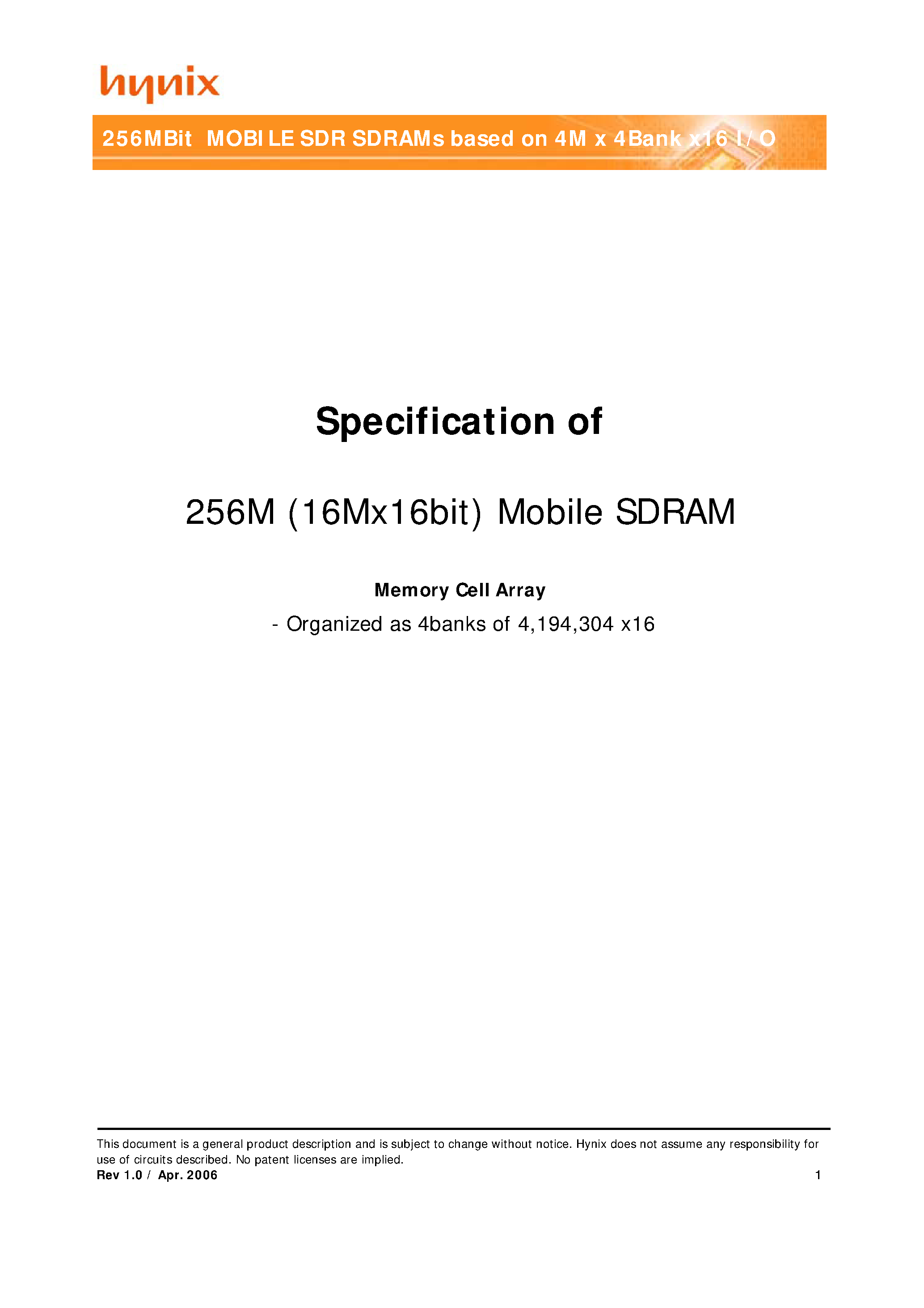 Даташит HY5S5B6GLF-6 - 256Mbit (16Mx16bit) Mobile SDR Memory страница 1