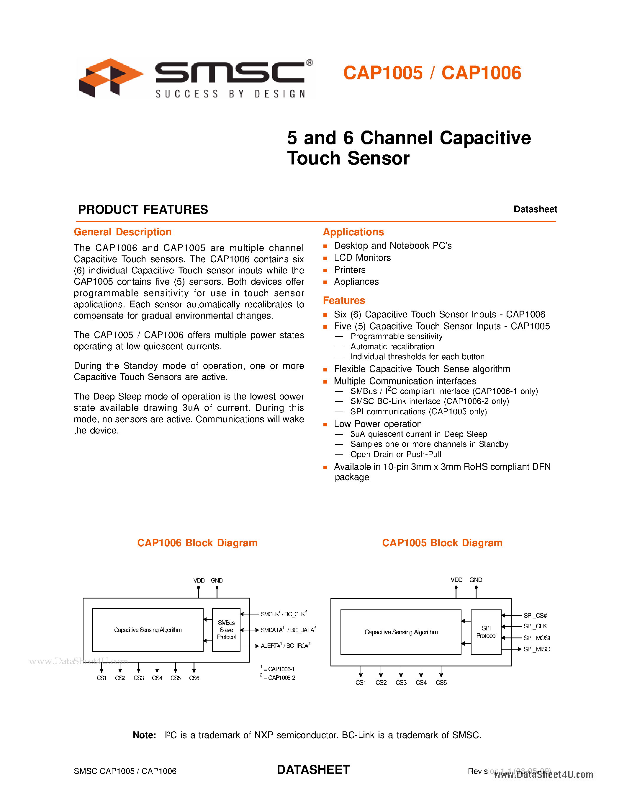 Datasheet CAP1005 - (CAP1005 / CAP1006) 5 and 6 Channel Capacitive Touch Sensor page 1
