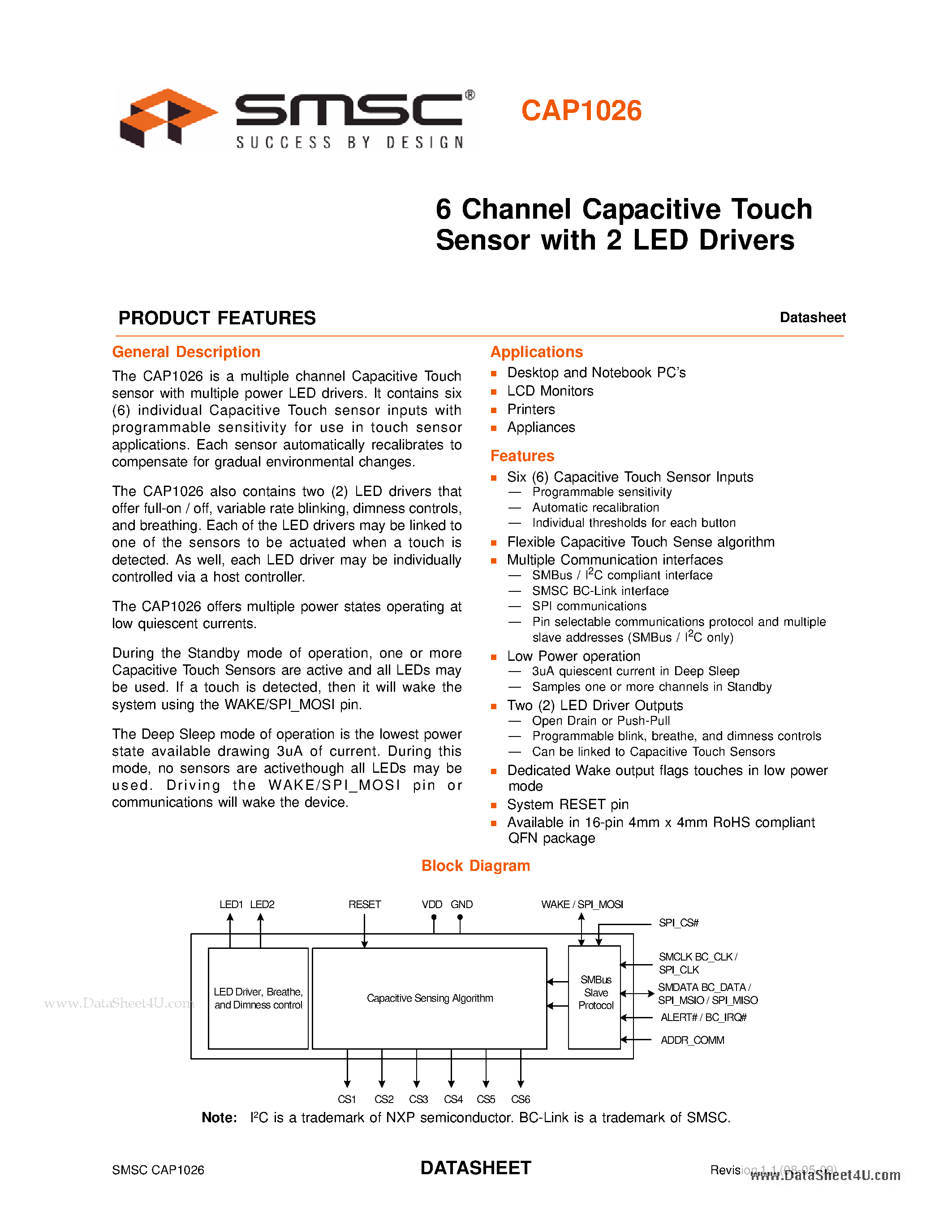 Datasheet CAP1026 - 6 Channel Capacitive Touch Sensor page 1