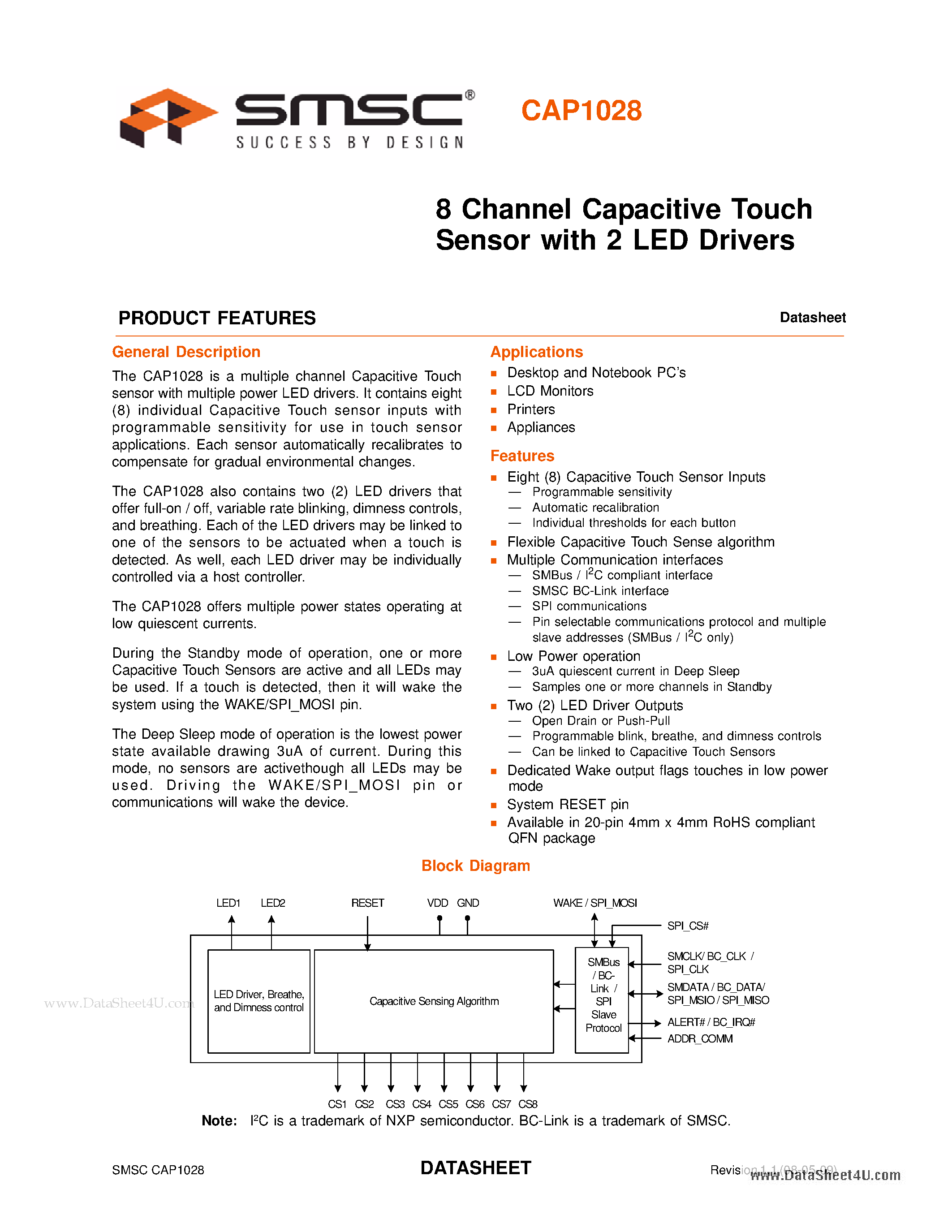 Datasheet CAP1028 - 6 Channel Capacitive Touch Sensor page 1