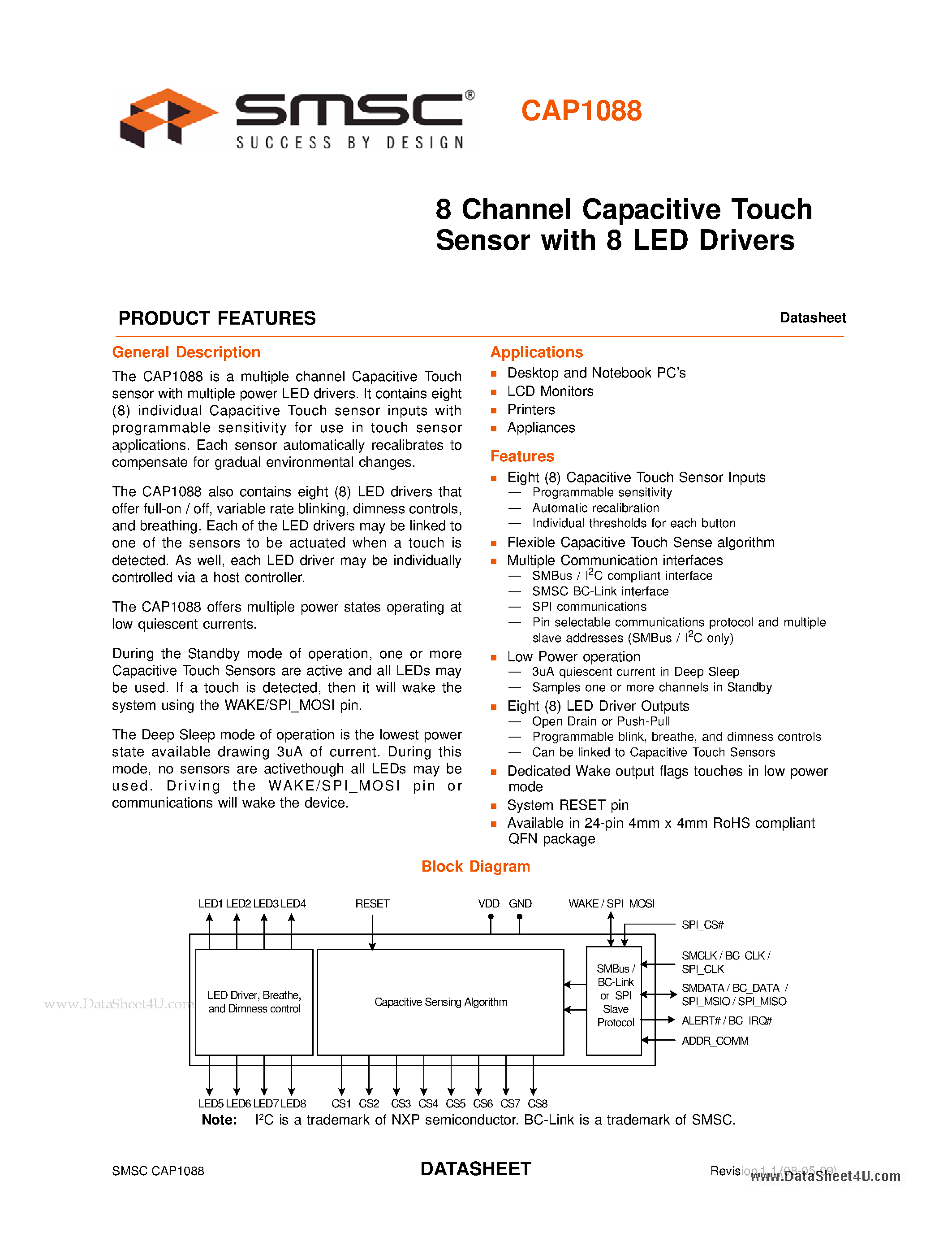 Даташит на микросхему CAP1088 страница 1 Даташит CAP1088 - 8 Channel Capacitive Touch Sensor страница 1
