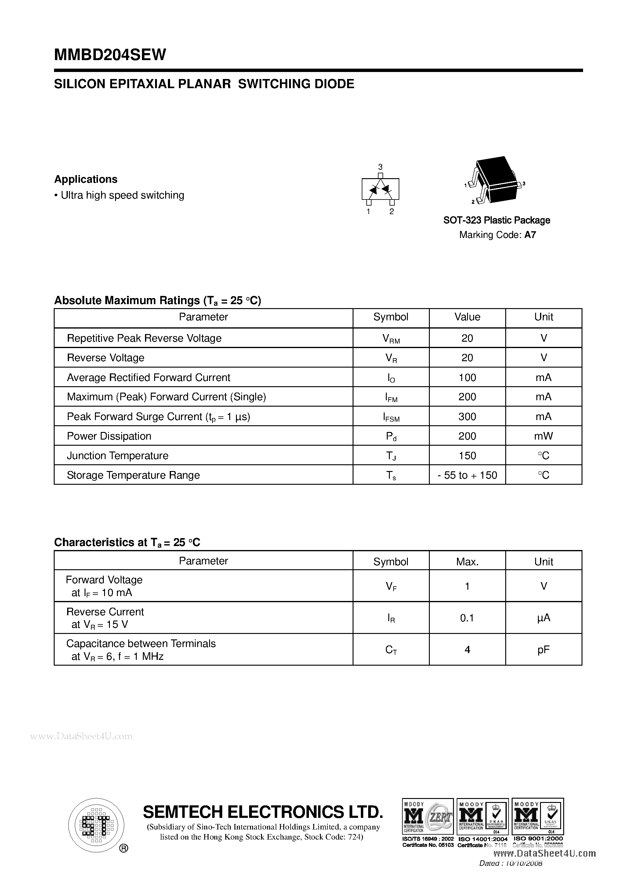 Datasheet MMBD202SEW - SILICON EPITAXIAL PLANAR SWITCHING DIODE page 1