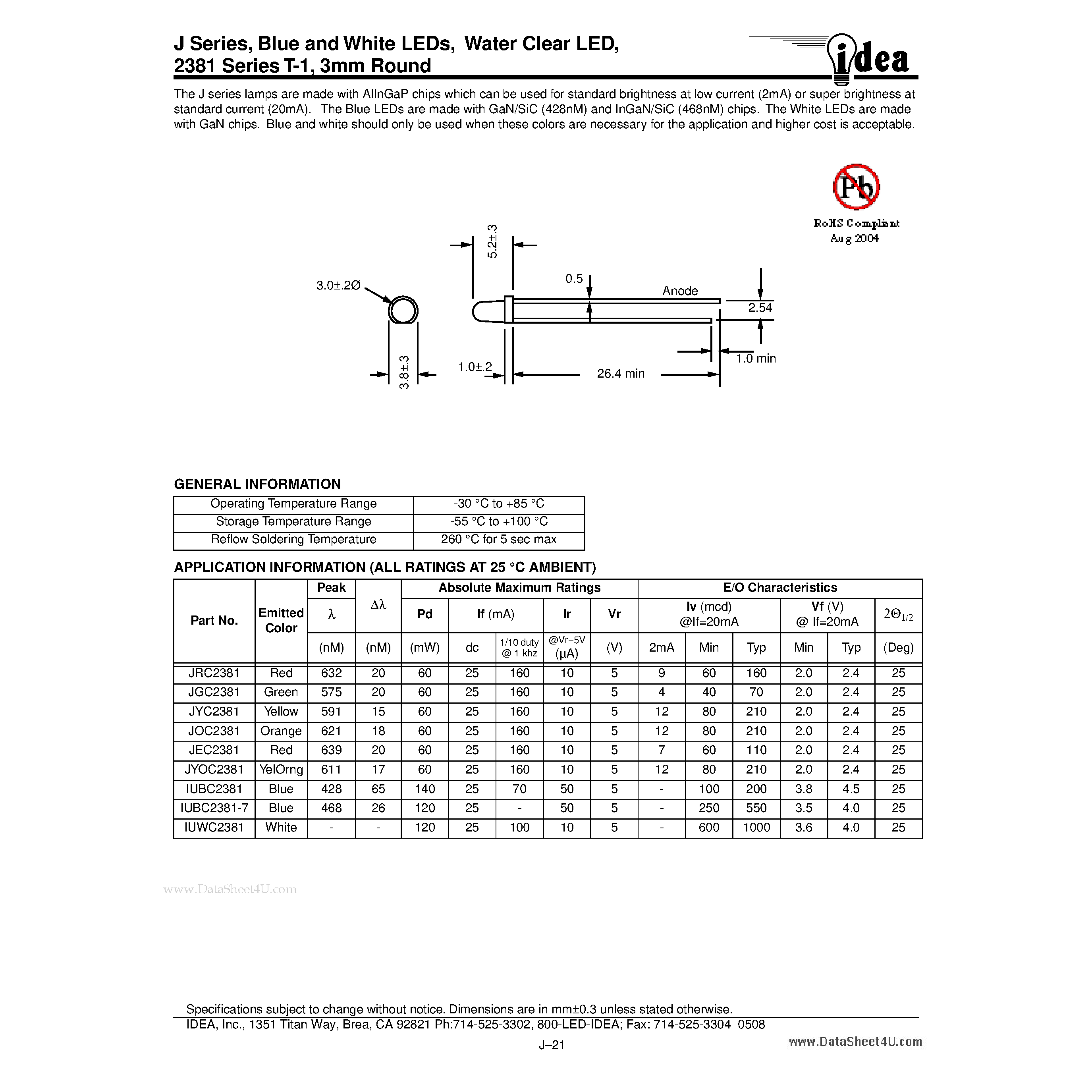 Datasheet JRC2381 - 3 mm Round LED page 1