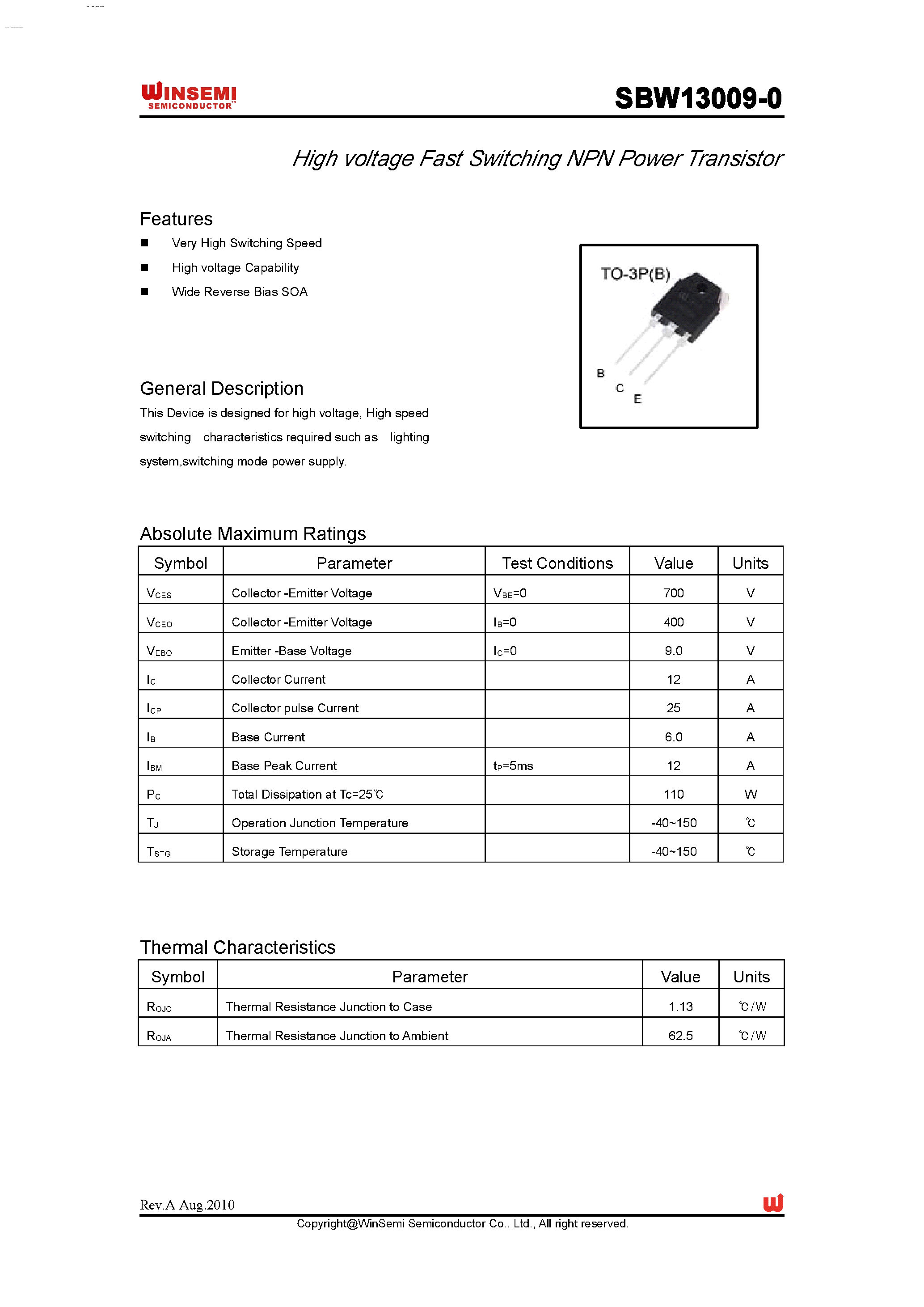 Datasheet SBW13009-0 - High voltage Fast Switching NPN Power Transistor page 1