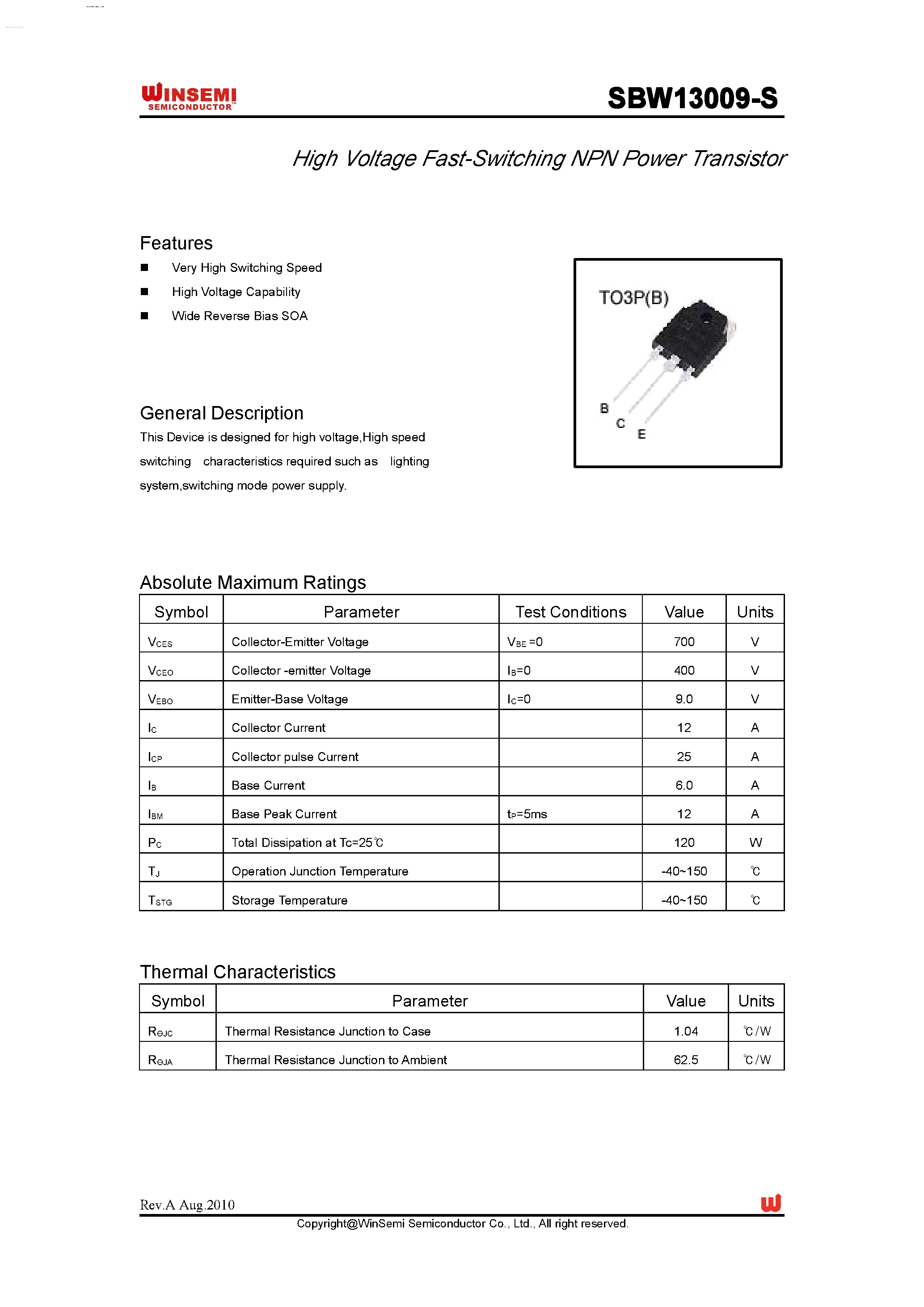 Datasheet SBW13009-S page 1 Datasheet SBW13009-S - High voltage Fast Switching NPN Power Transistor page 1