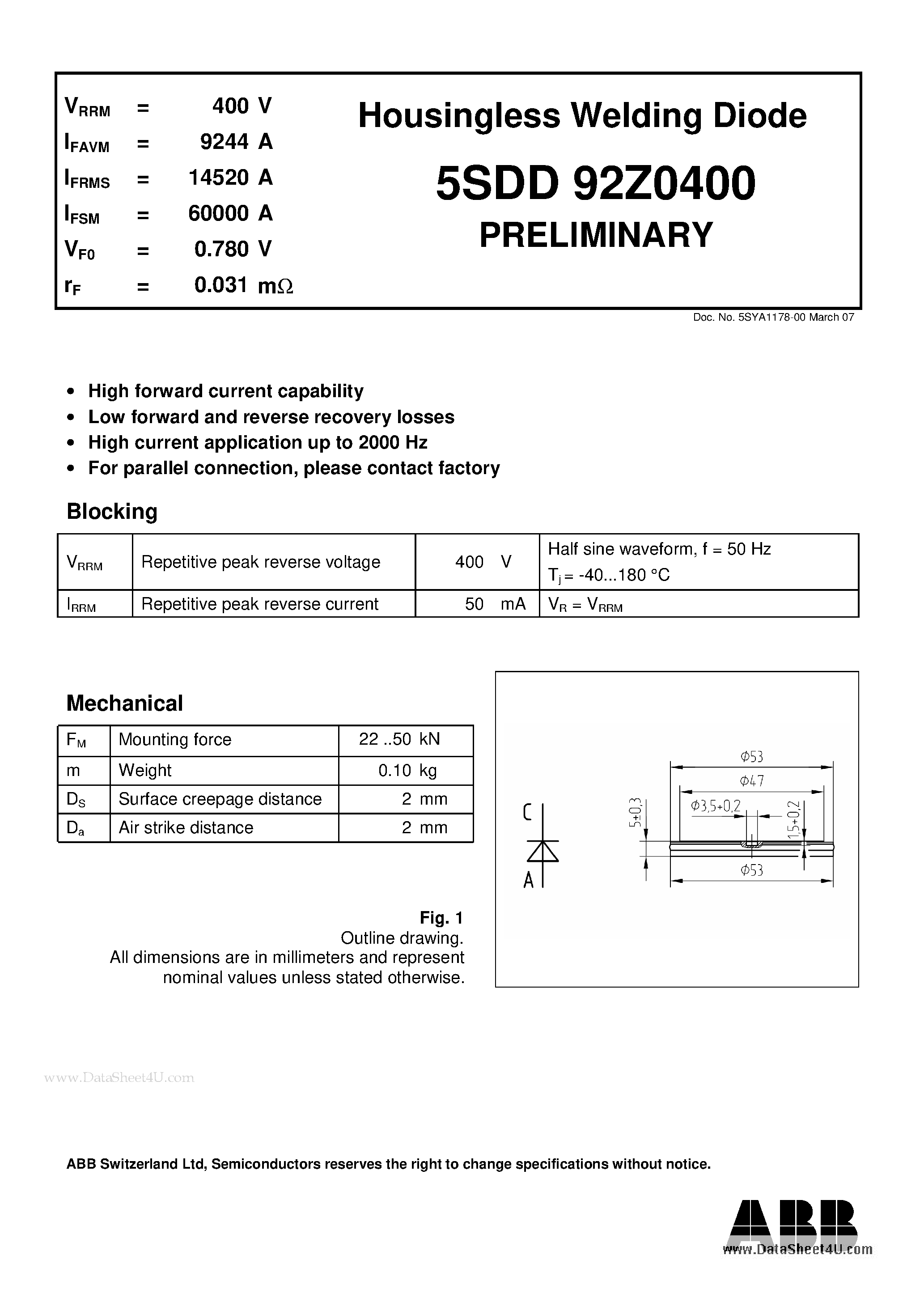 Datasheet 5SDD92Z0400 page 1 Datasheet 5SDD92Z0400 - Housingless Welding Diode page 1