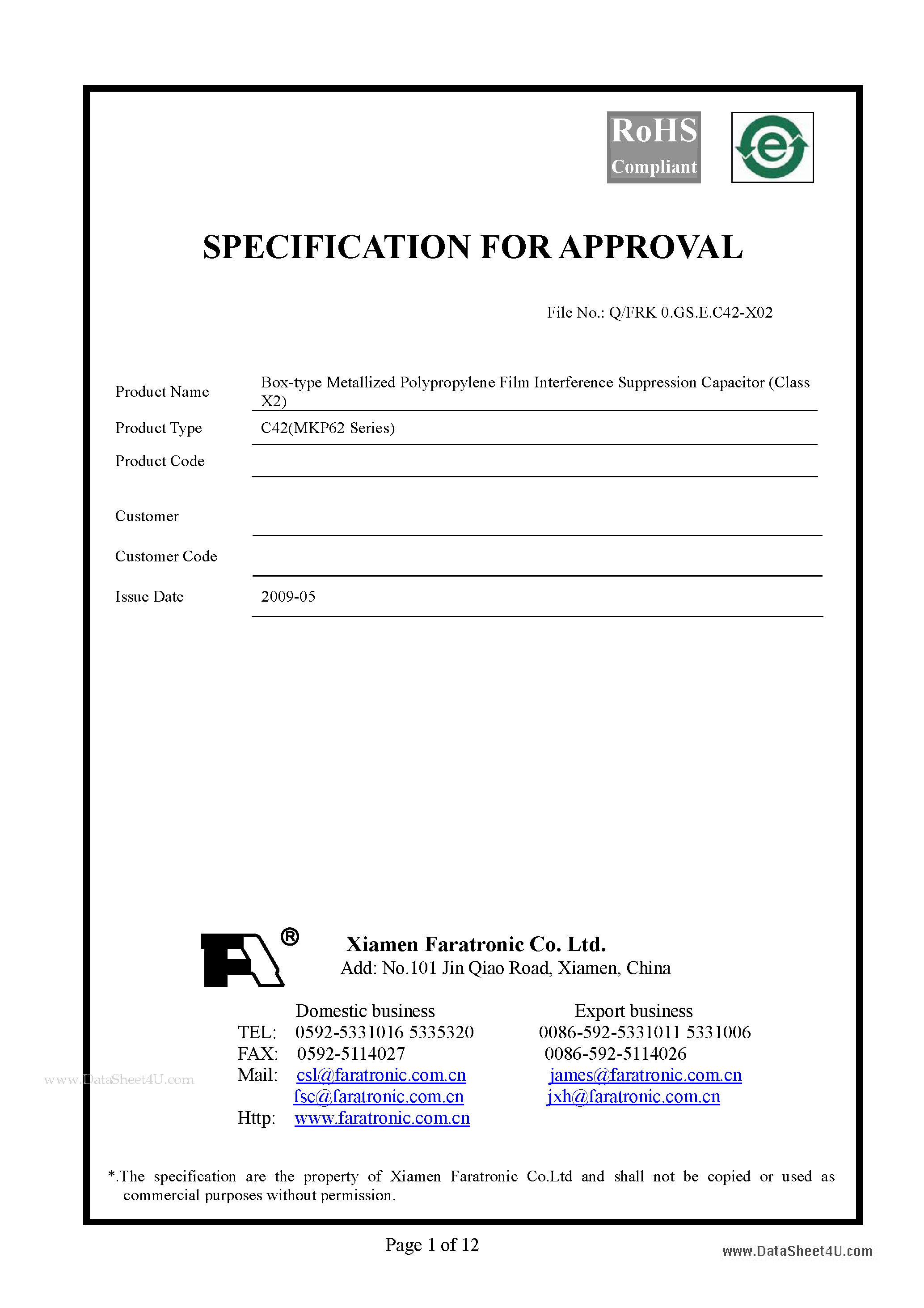 Datasheet MKP62 - Box-type Metallized Polypropylene Film Interference Suppression Capacitor page 1