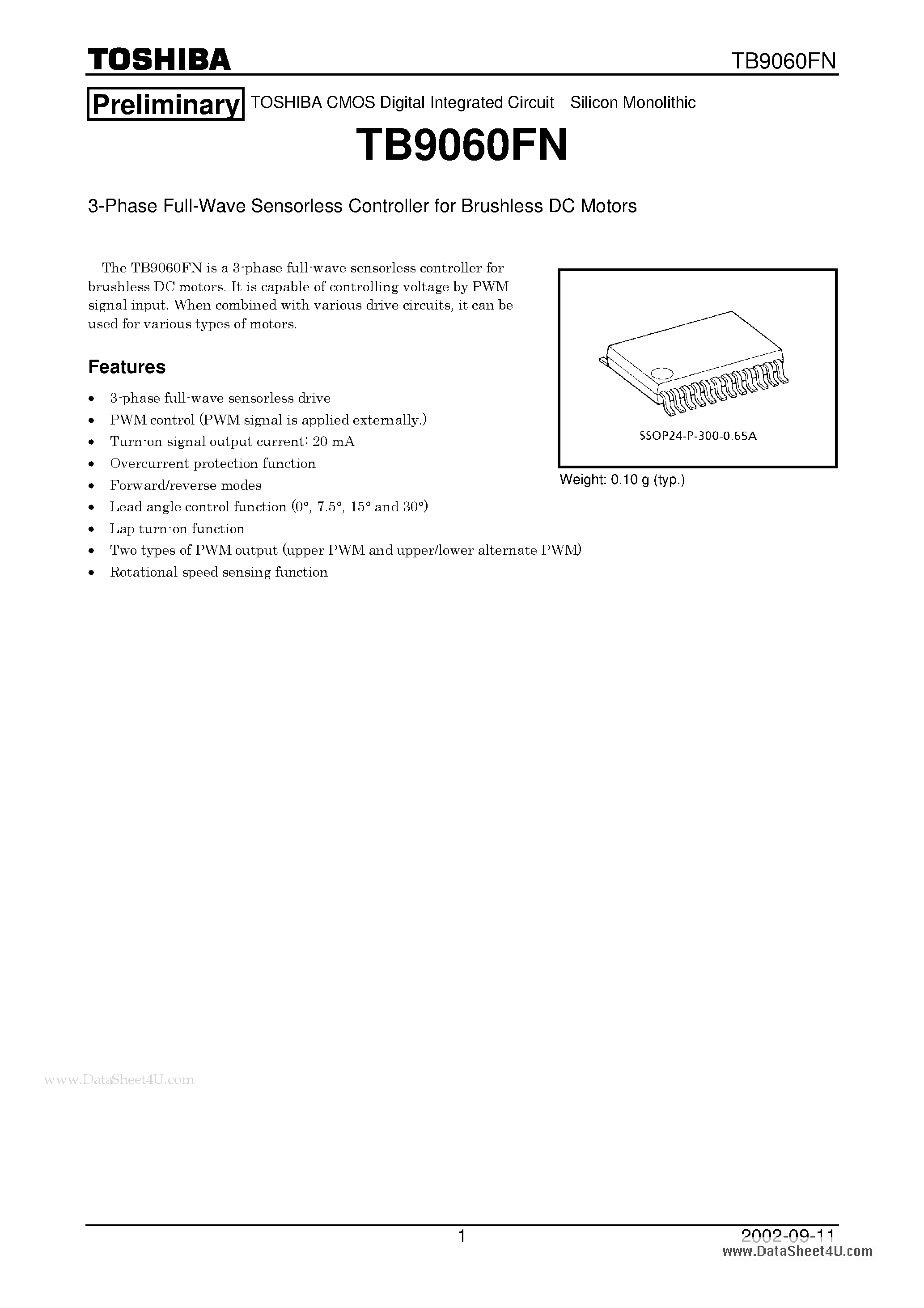 Datasheet TB9060FN - 3-Phase Full-Wave Sensorless Controller page 1