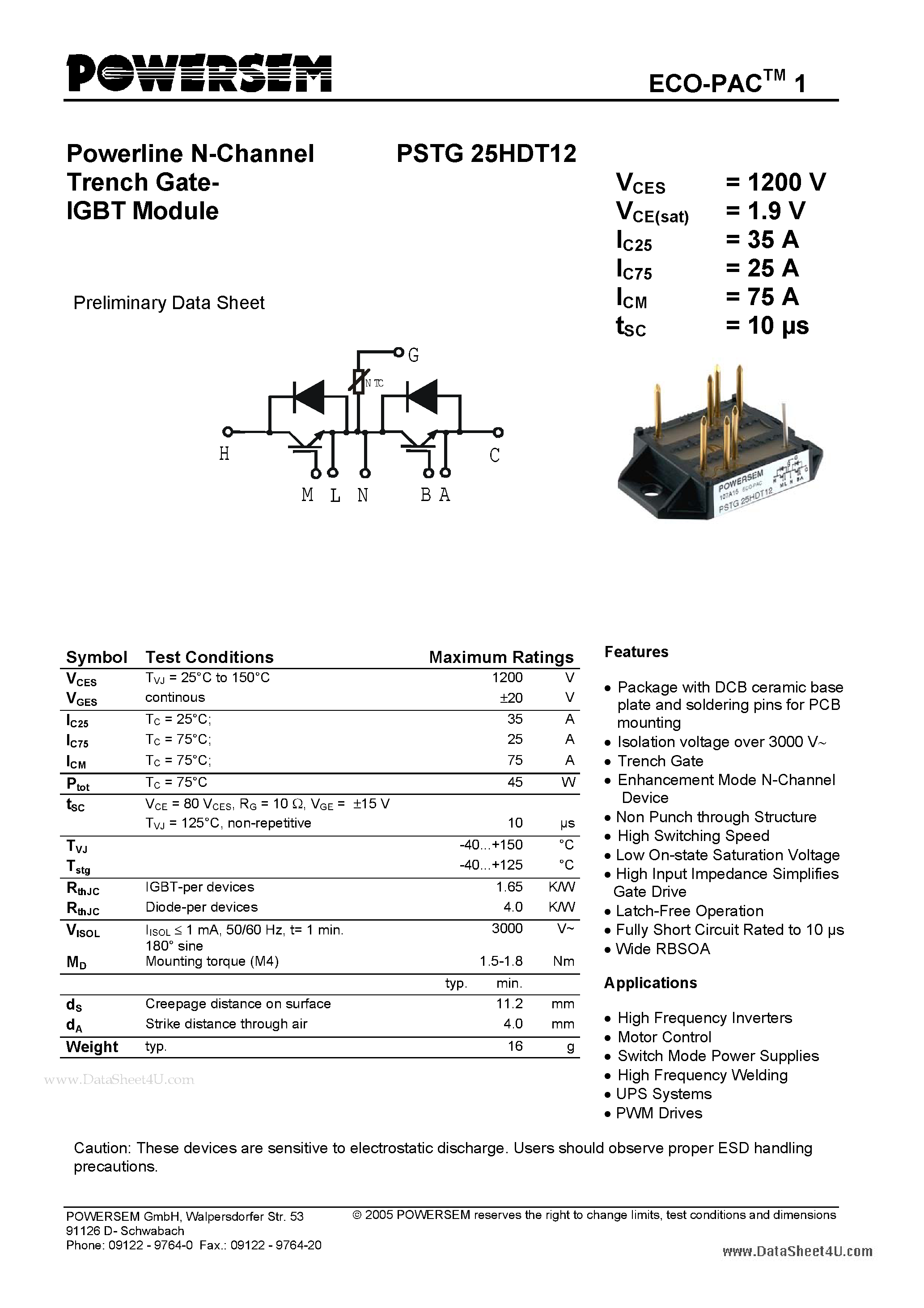 Datasheet PSTG25HDT12 page 1 Datasheet PSTG25HDT12 - Powerline N-Channel Trench Gate-IGBT Module page 1