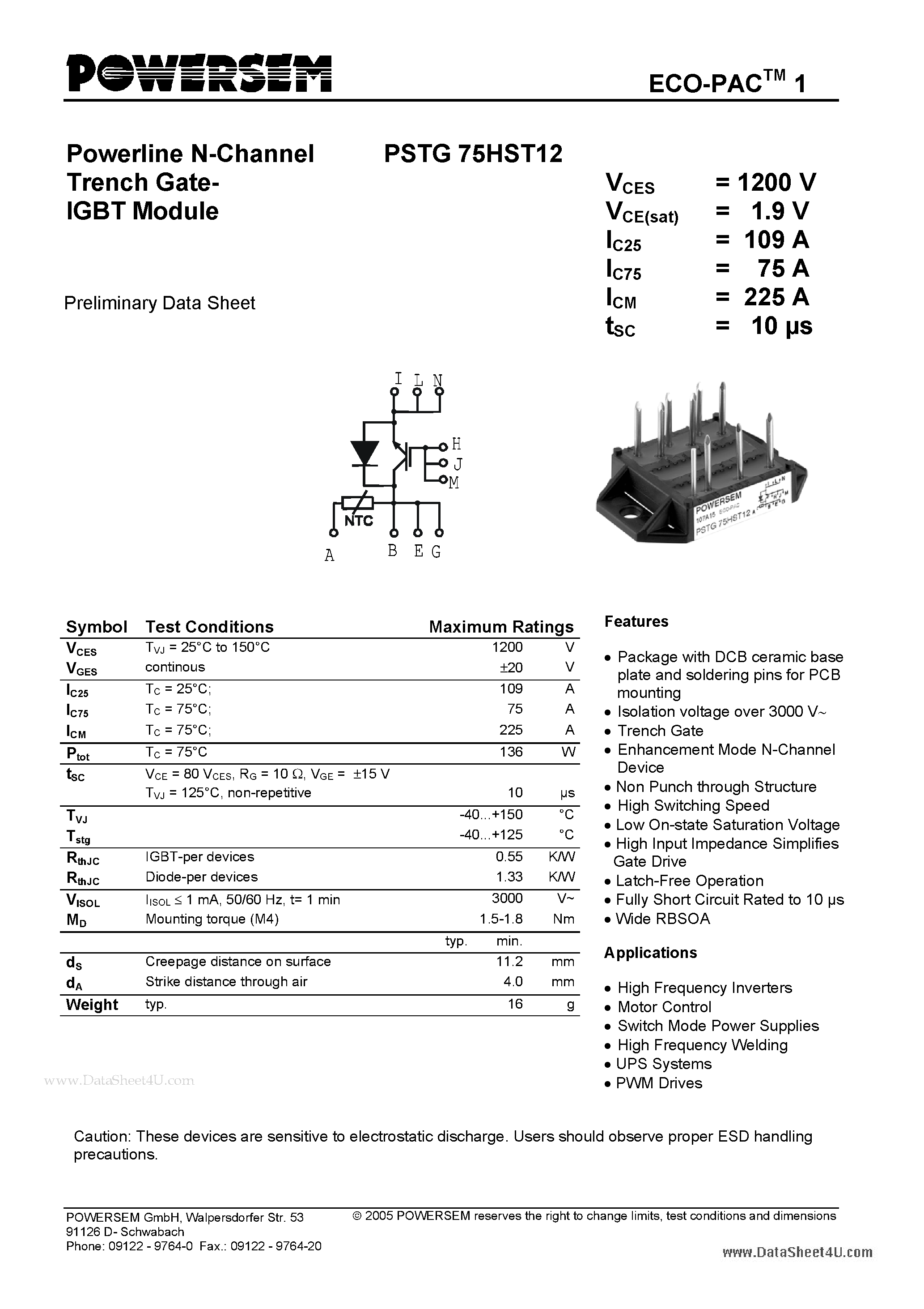Datasheet PSTG75HST12 - Powerline N-Channel Trench Gate-IGBT Module page 1