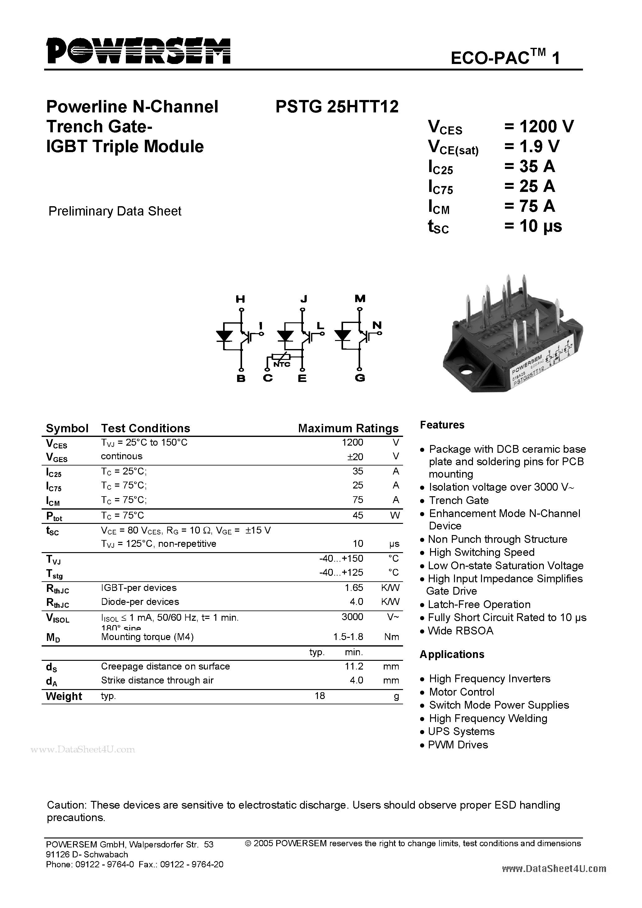 Datasheet PSTG25HTT12 - Powerline N-Channel Trench Gate-IGBT Triple Module page 1