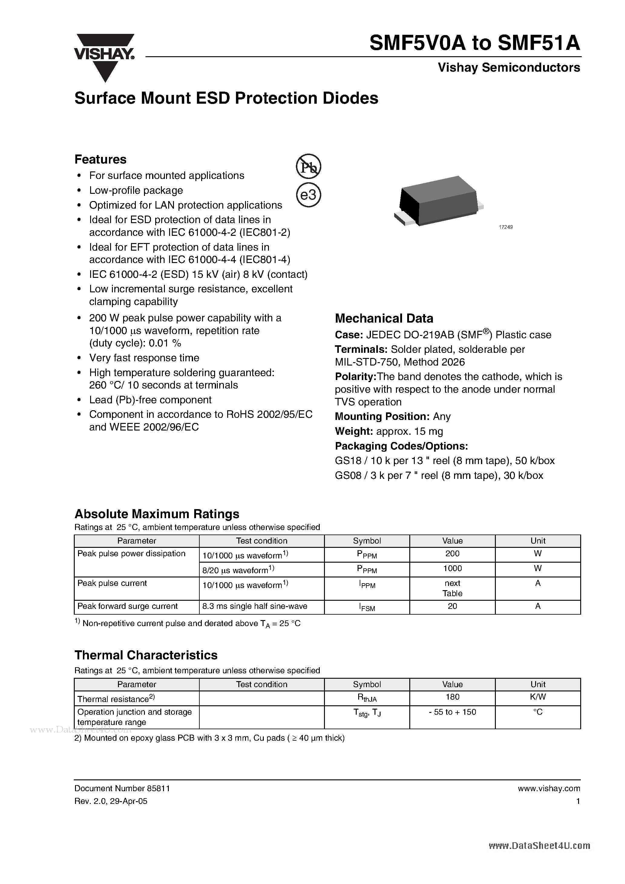 Даташит SMF10A - Surface Mount ESD Protection Diodes страница 1