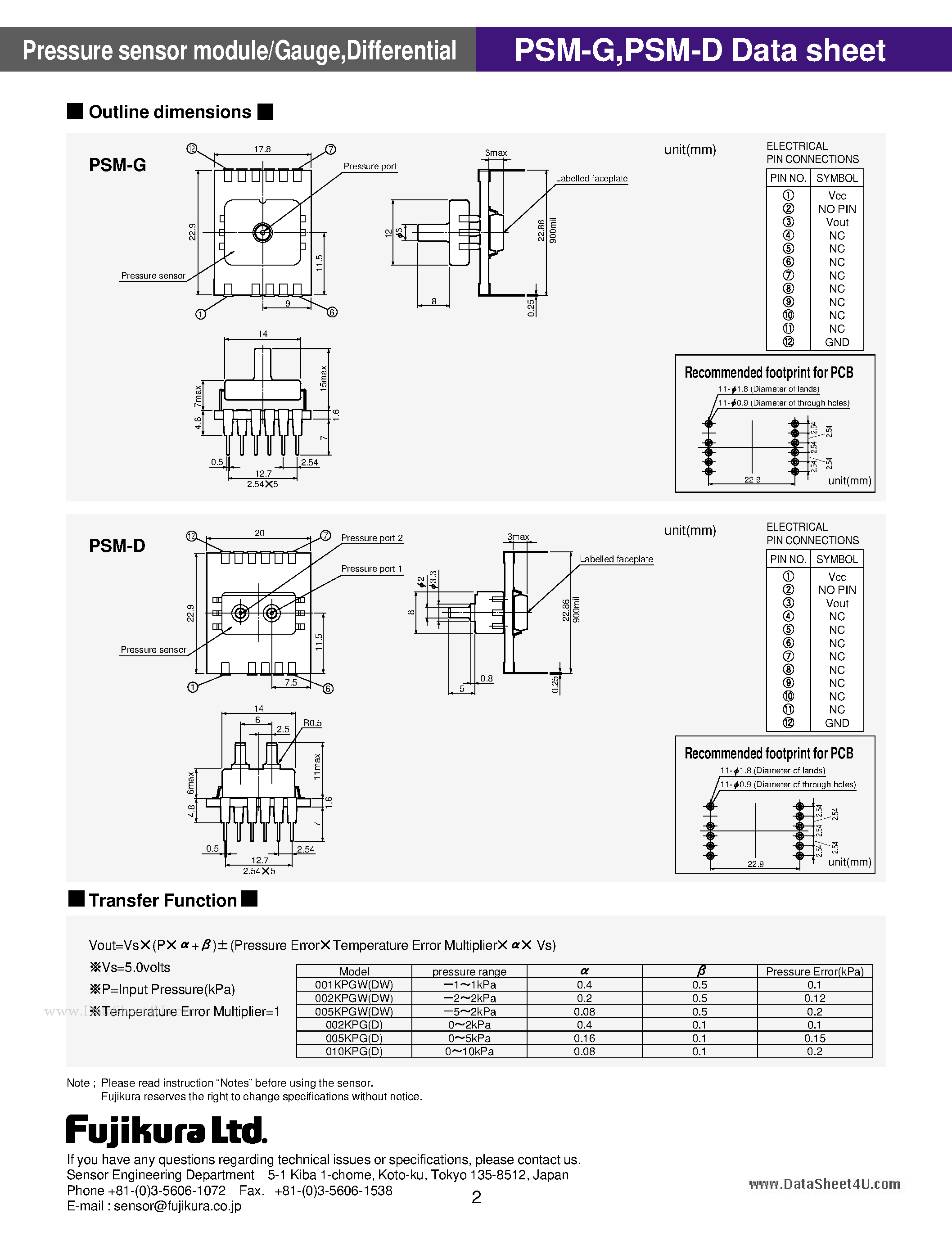 Даташит PSM-001KPDW - Pressure sensor module страница 2