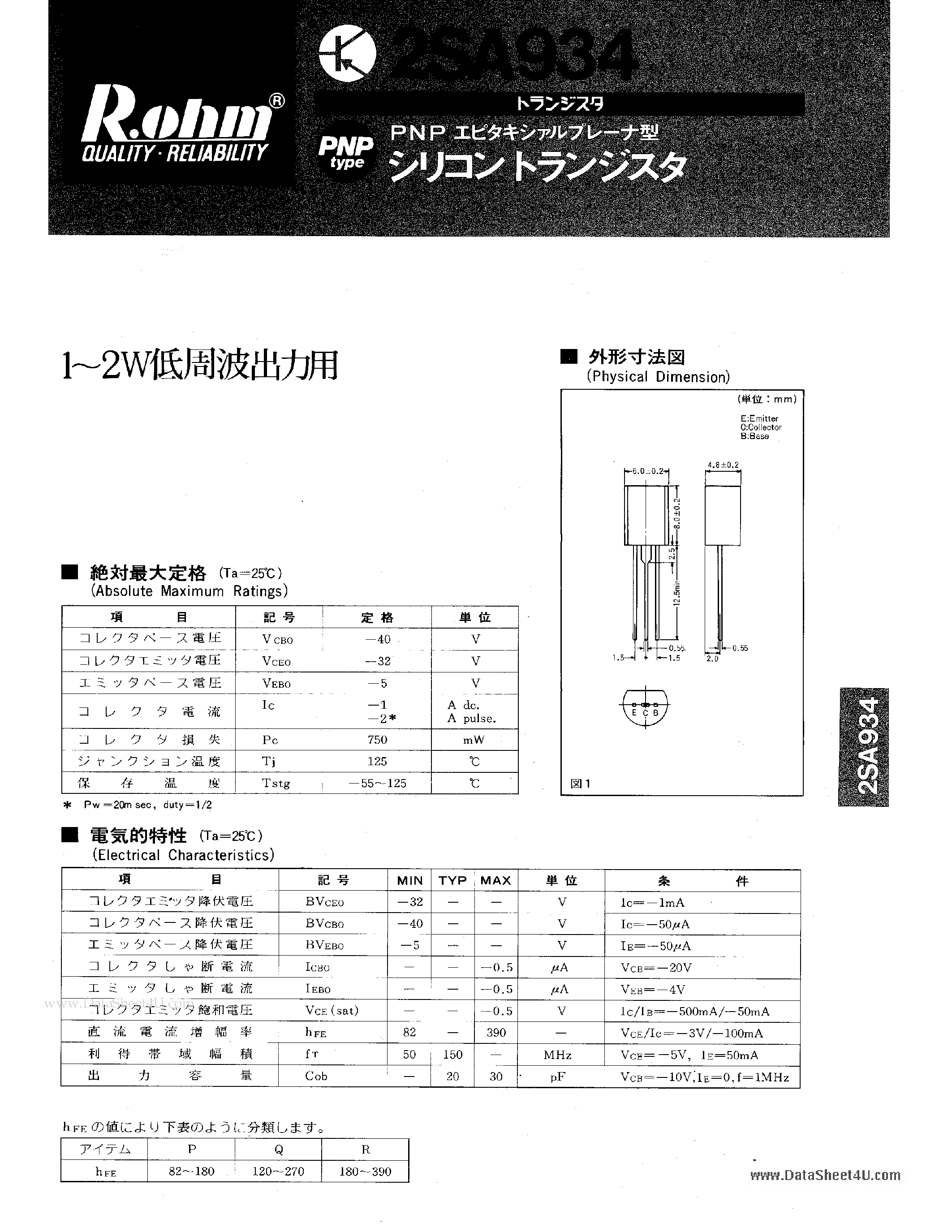 Datasheet 2SA934 page 1 Datasheet 2SA934 - 1.2W Package Power Taped Transistor page 1