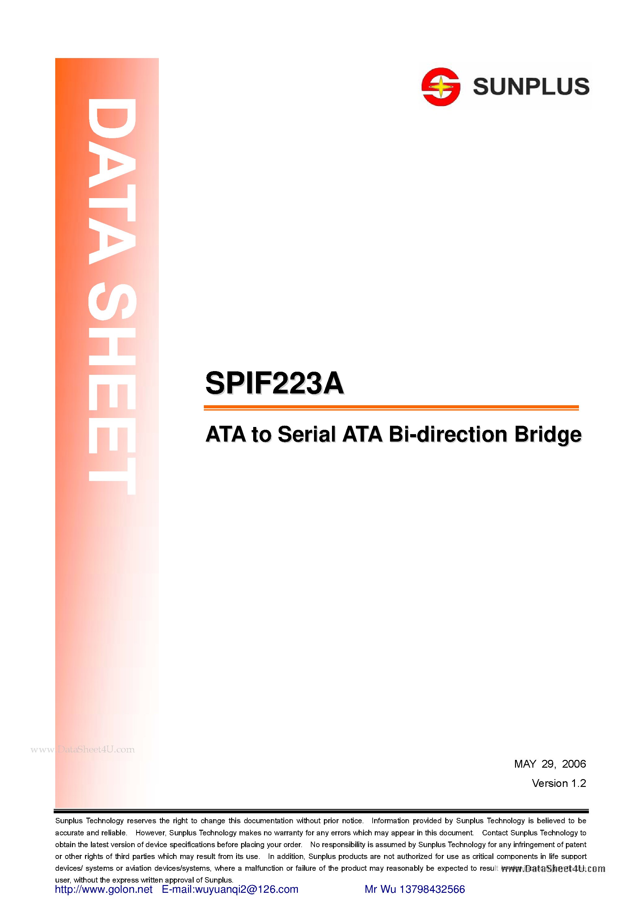Даташит на микросхему SPIF223A страница 1 Даташит SPIF223A - ATA to Serial ATA Bi-Direction Bridge страница 1