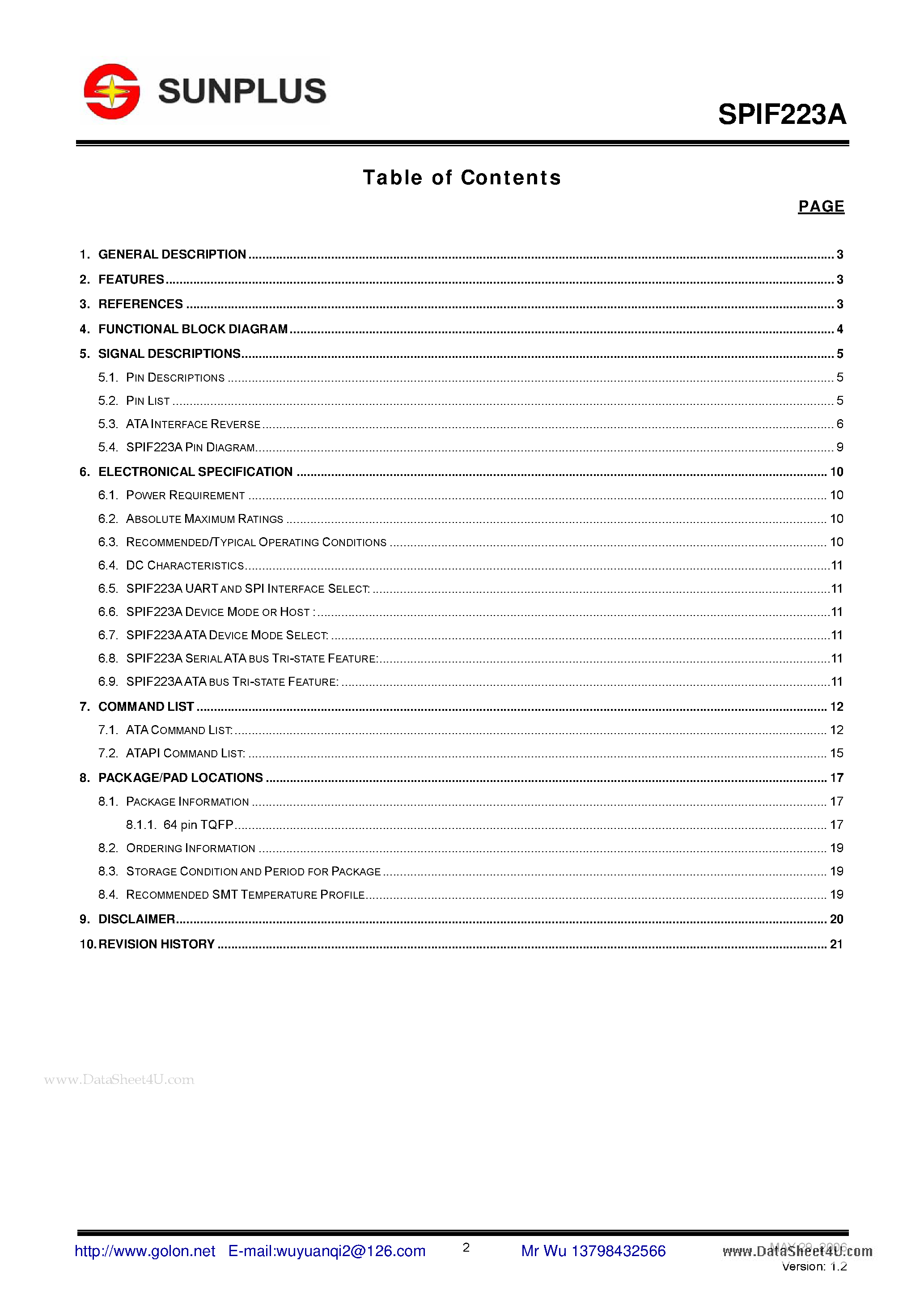 Даташит на микросхему SPIF223A страница 2 Даташит SPIF223A - ATA to Serial ATA Bi-Direction Bridge страница 2