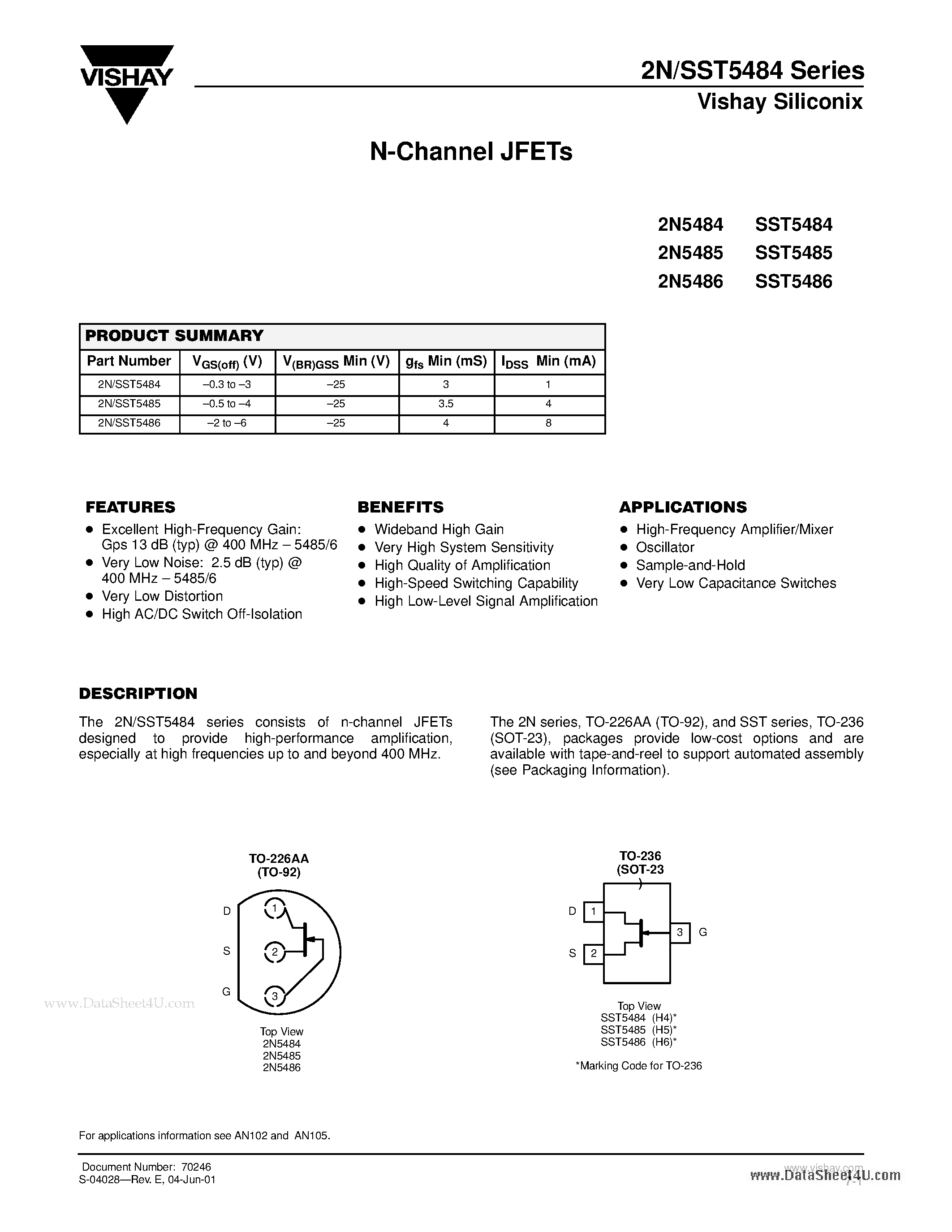 Datasheet SST5484 - N-Channel JFETs page 1