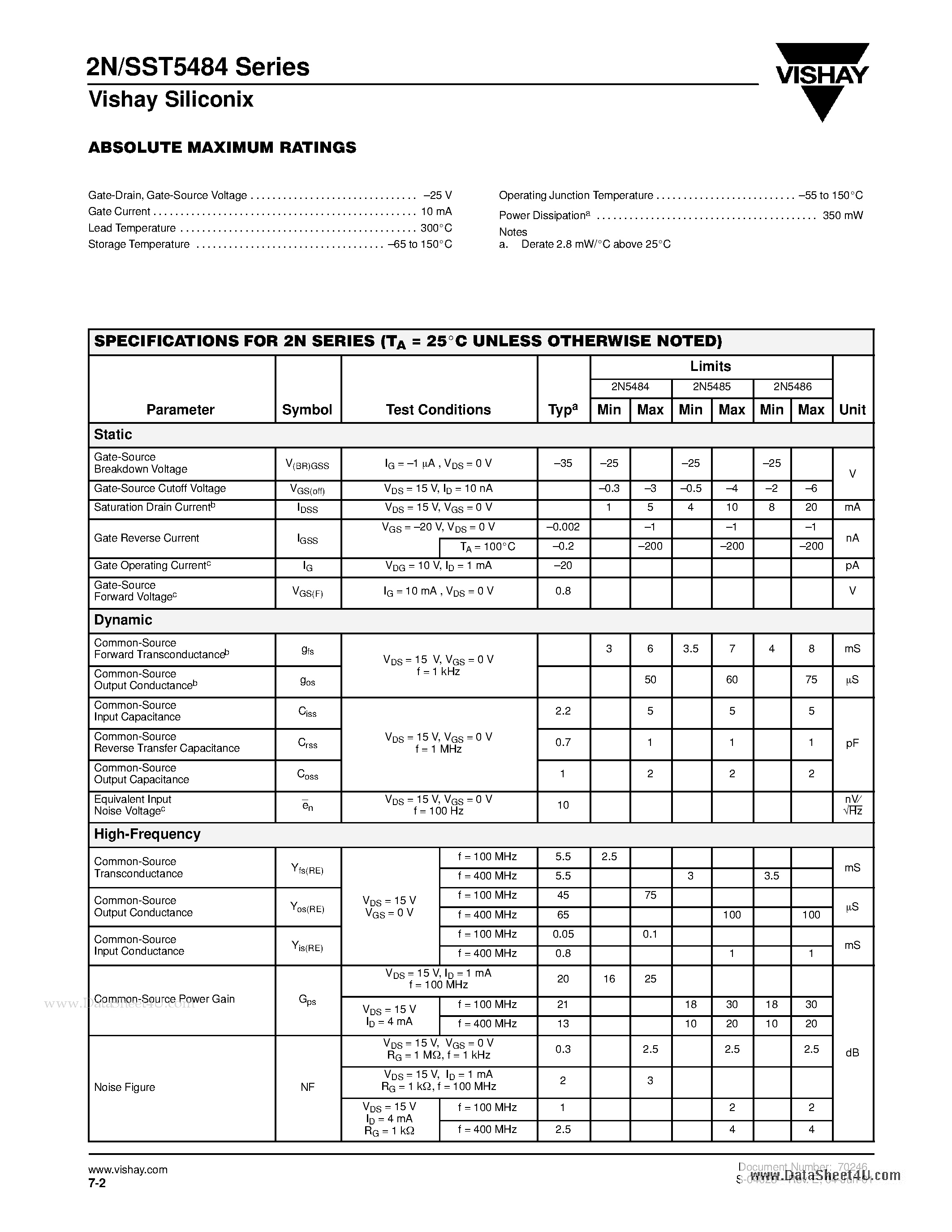 Datasheet SST5484 - N-Channel JFETs page 2