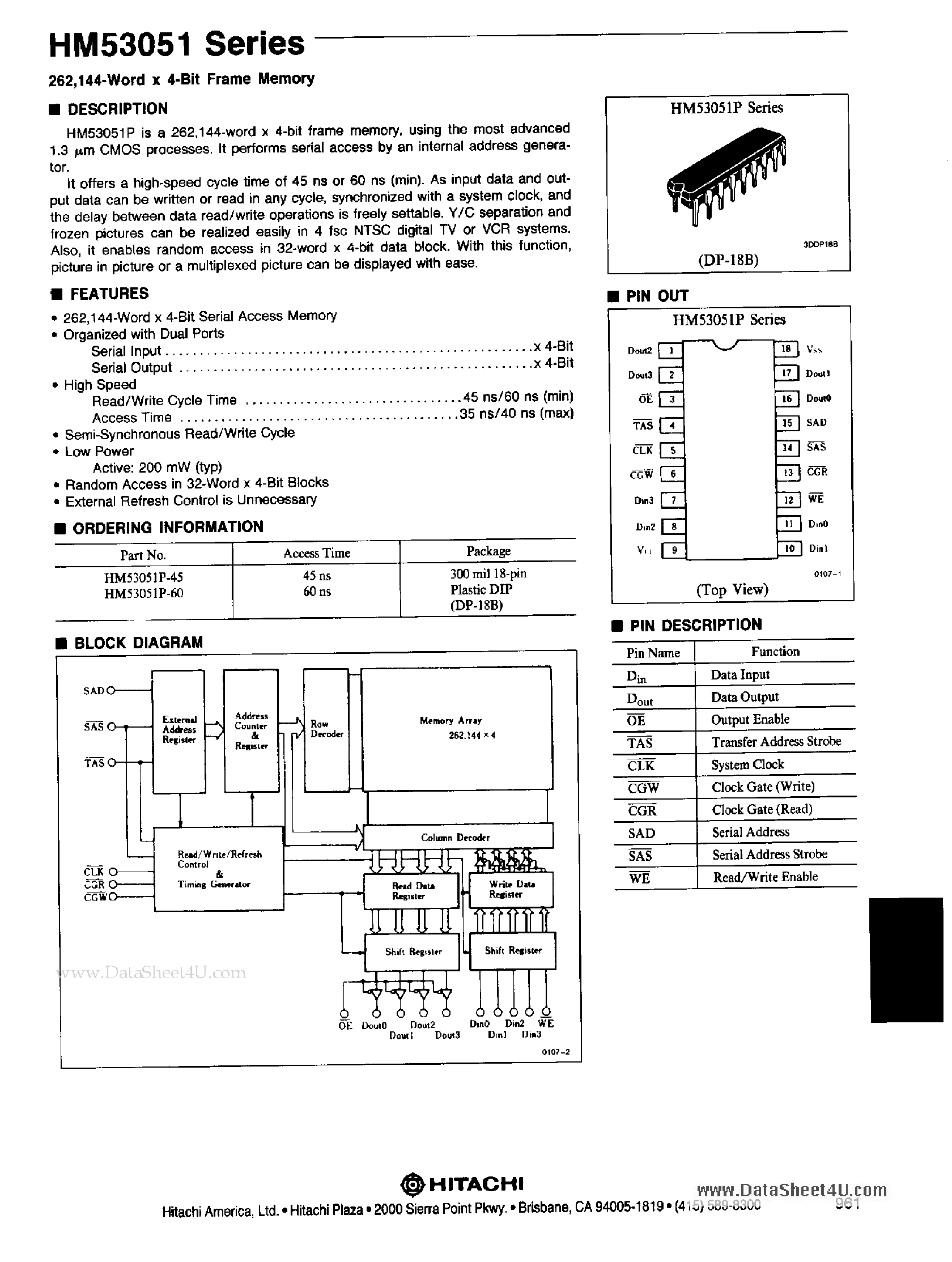 Даташит HM53051 - 4-BIT FRAME MEMORY страница 1