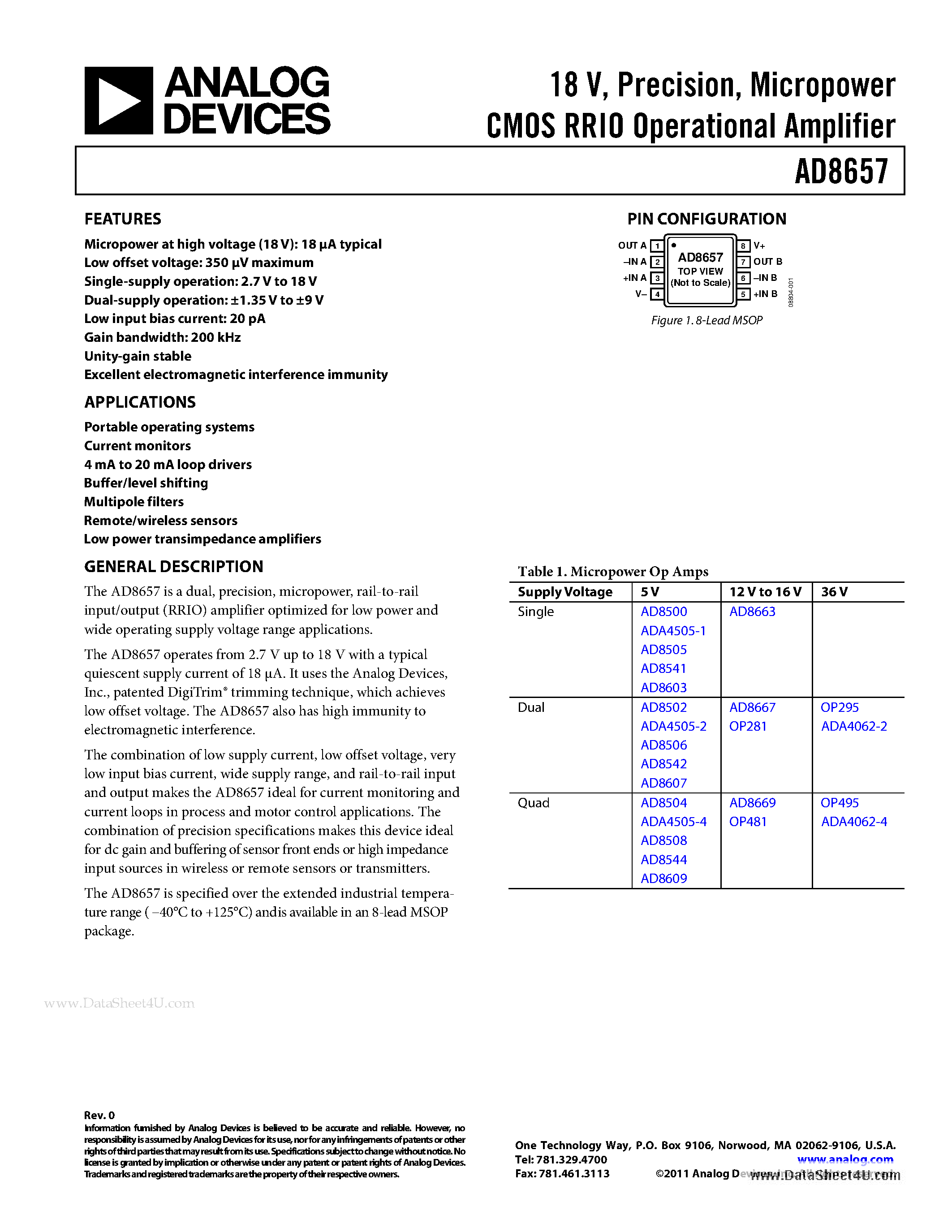 Datasheet AD8657 - Micropower CMOS RRIO Operational Amplifier page 1