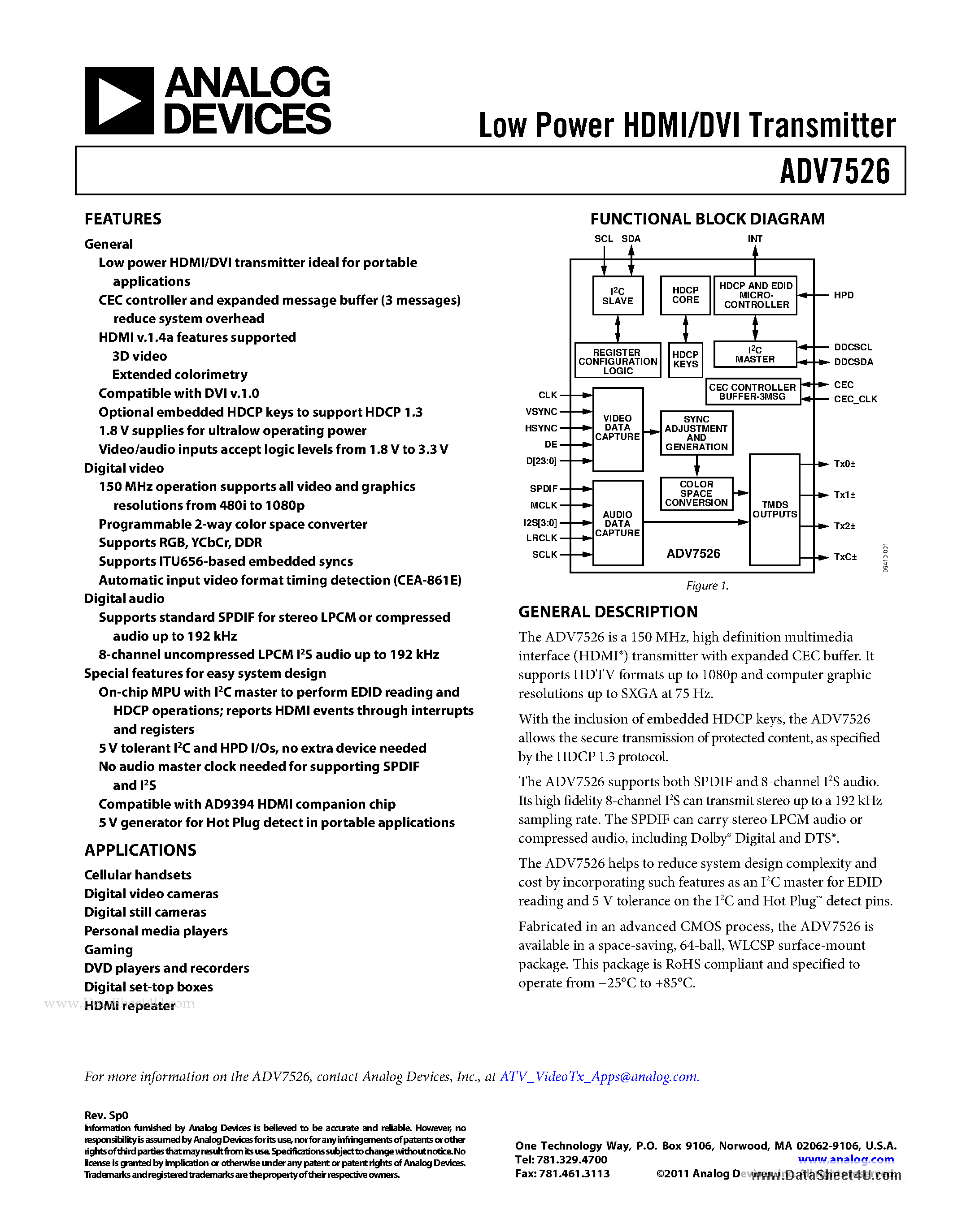Даташит ADV7526 - Low Power HDMI/DVI Transmitter страница 1