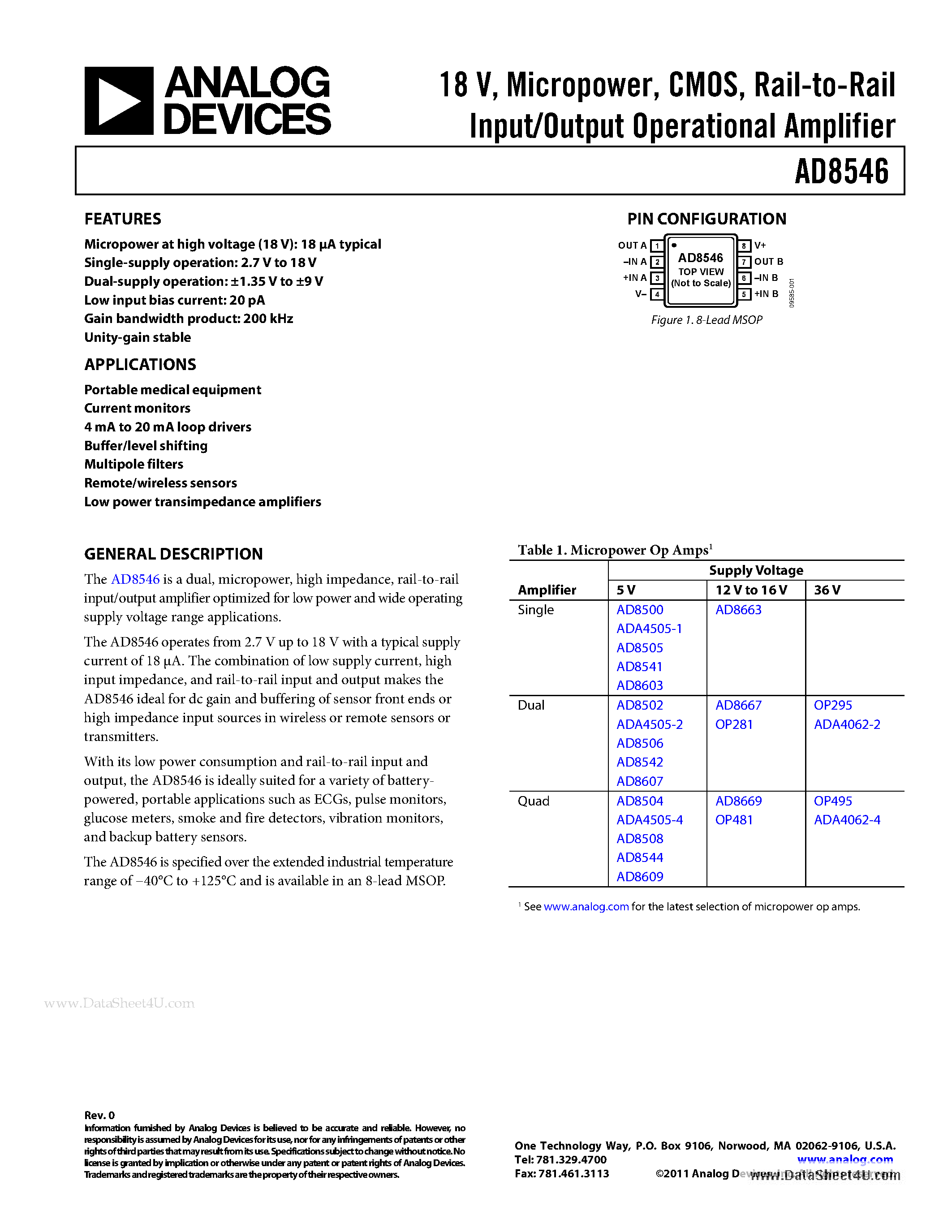 Datasheet AD8546 - Rail-to-Rail Input/Output Operational Amplifier page 1