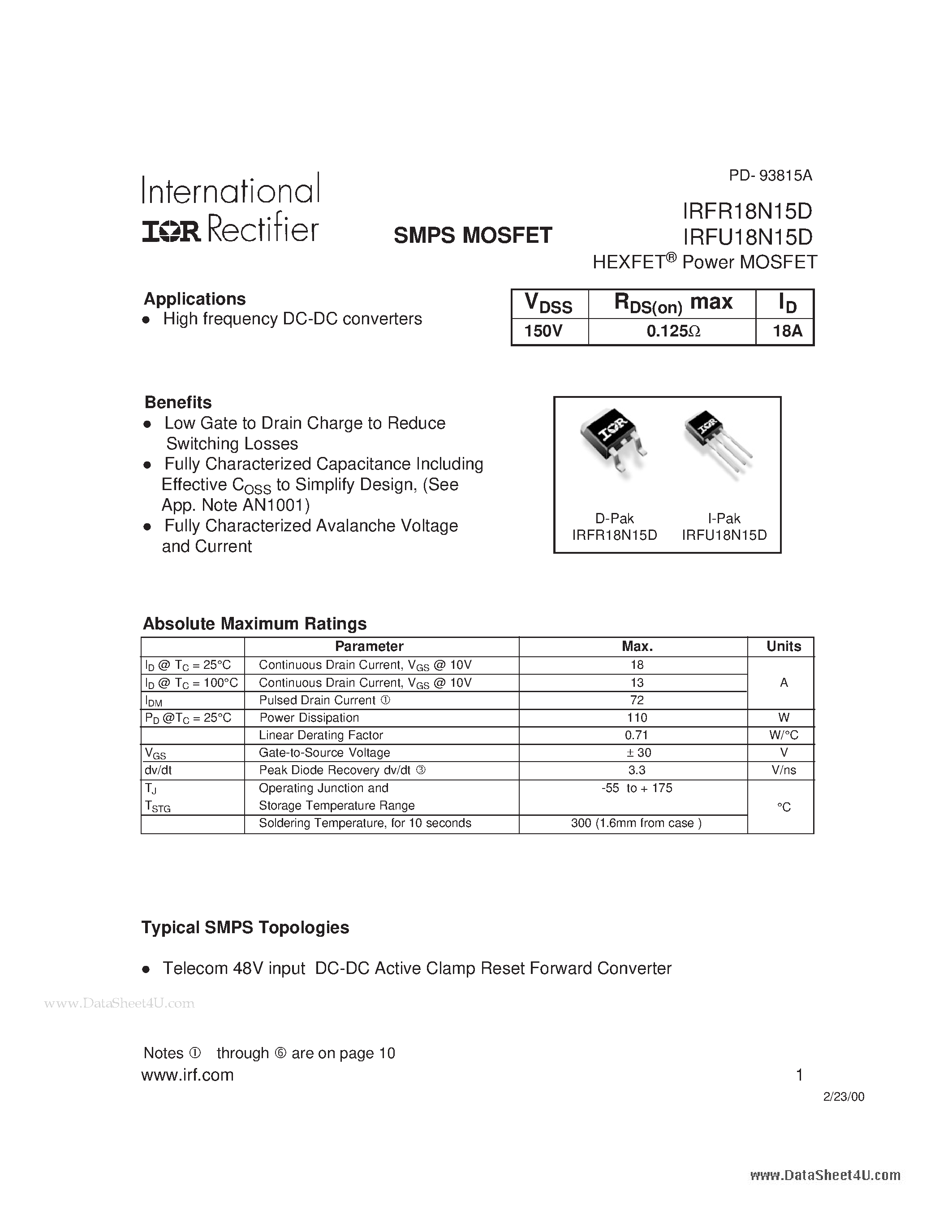 Datasheet FR18N15D - Search -----> IRFR18N15D page 1