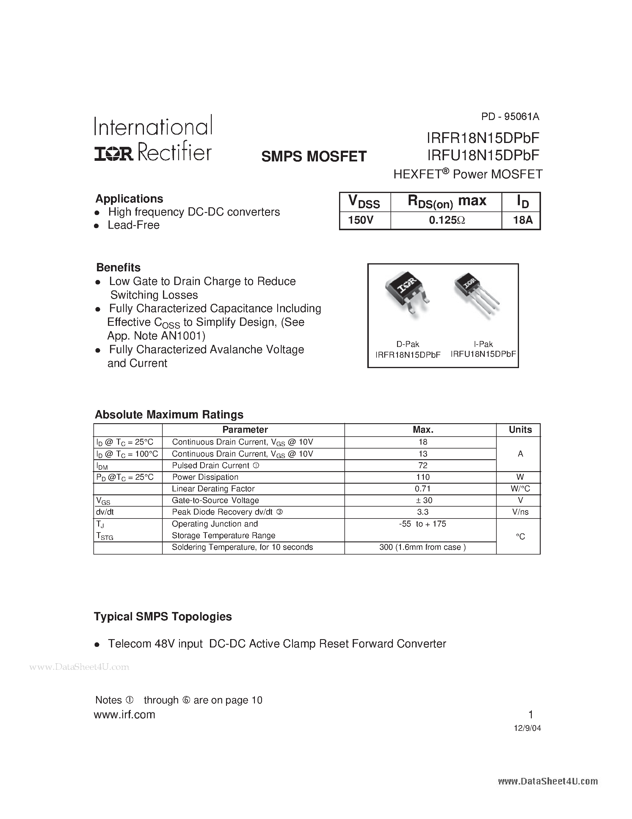 Datasheet IRFR18N15DPBF - SMPS MOSFET page 1