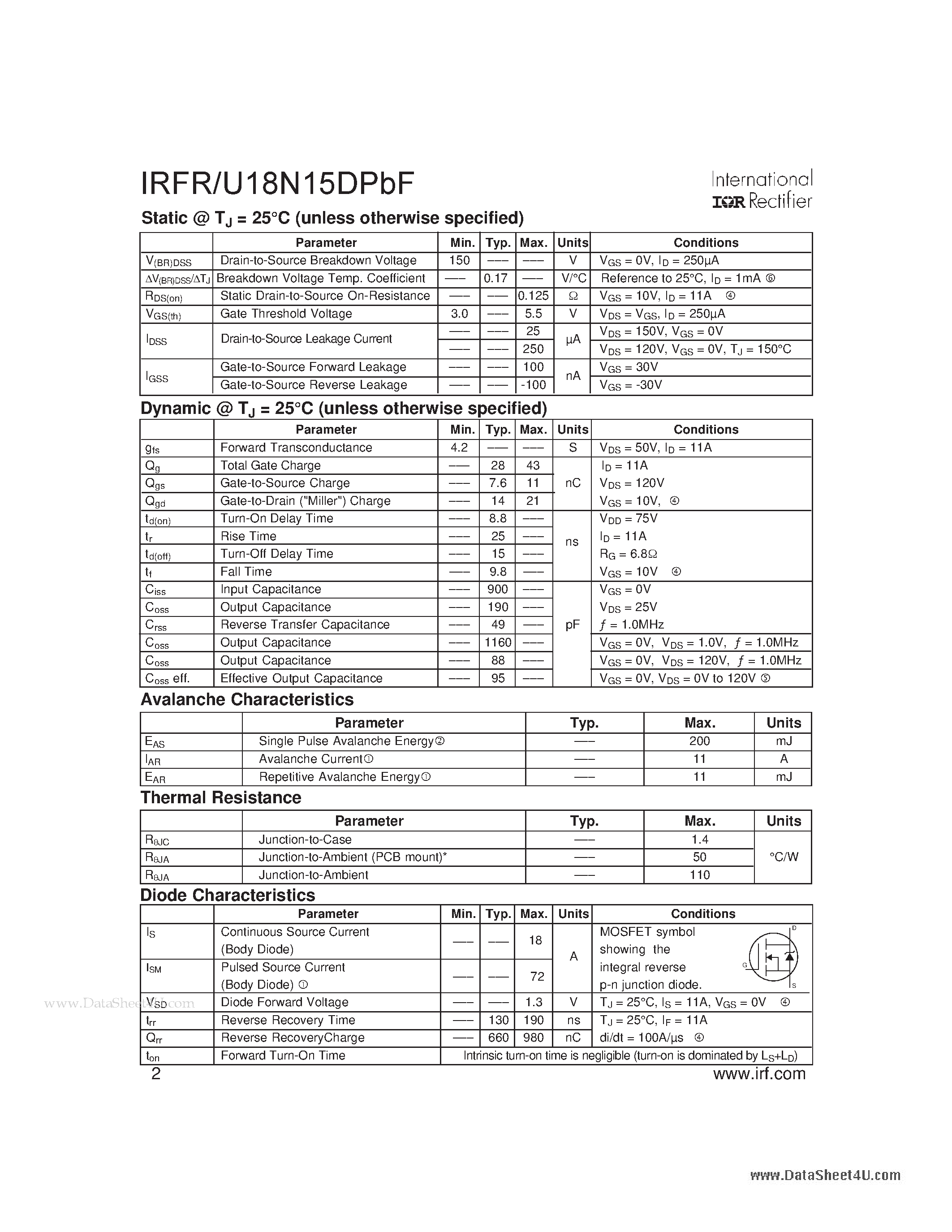 Datasheet IRFR18N15DPBF - SMPS MOSFET page 2
