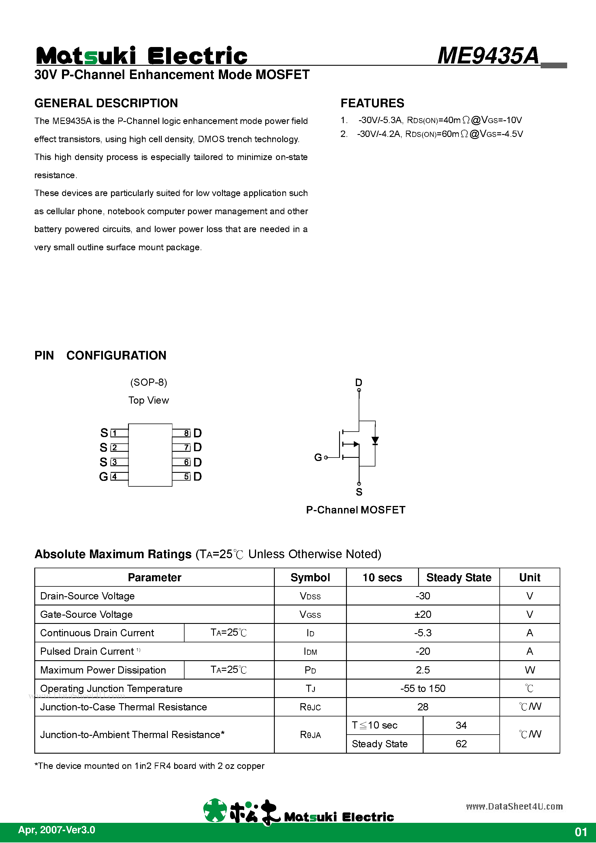 Даташит ME9435A - 30V P-Channel Enhancement Mode MOSFET страница 1