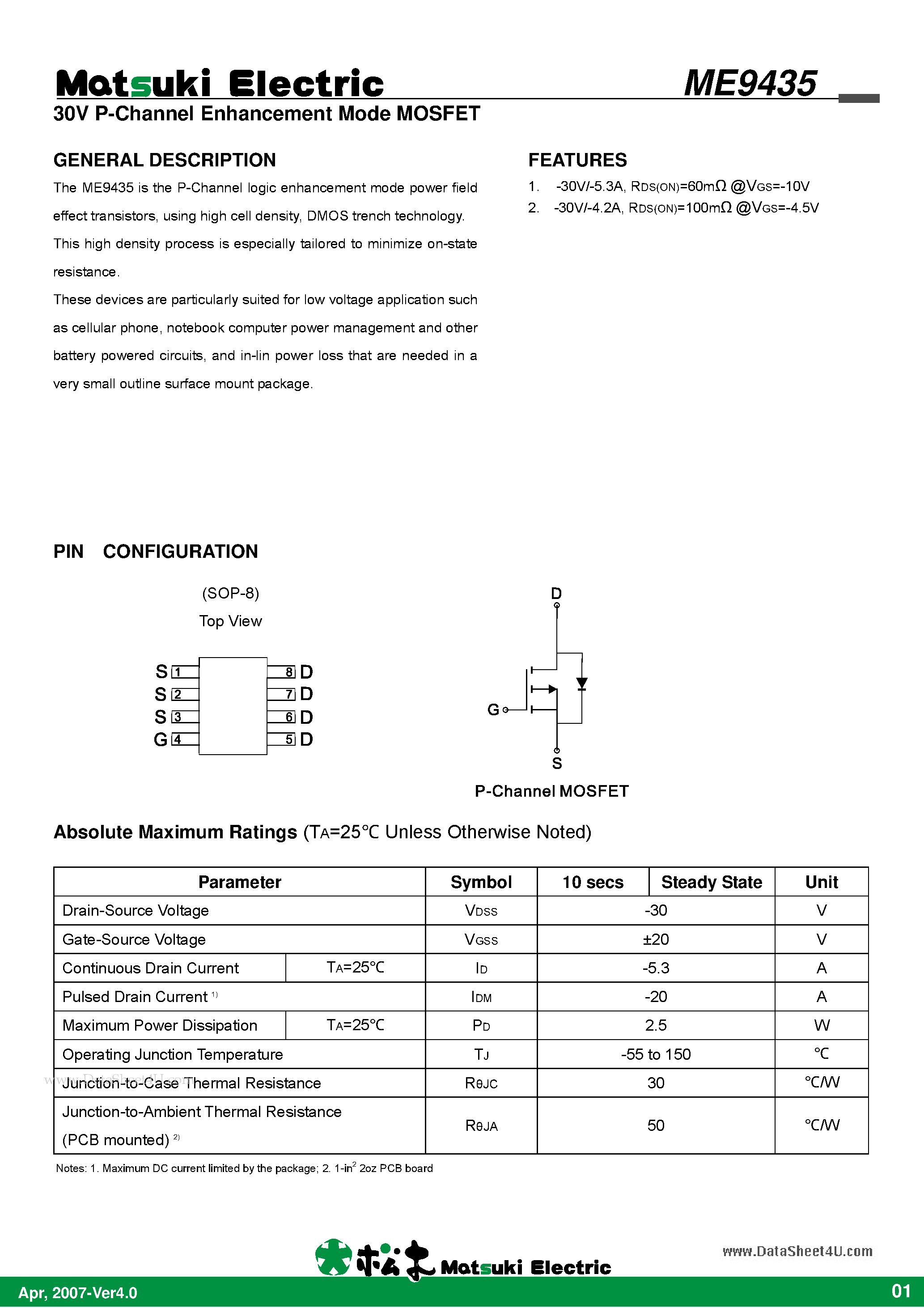 Даташит ME9435 - 30V P-Channel Enhancement Mode MOSFET страница 1