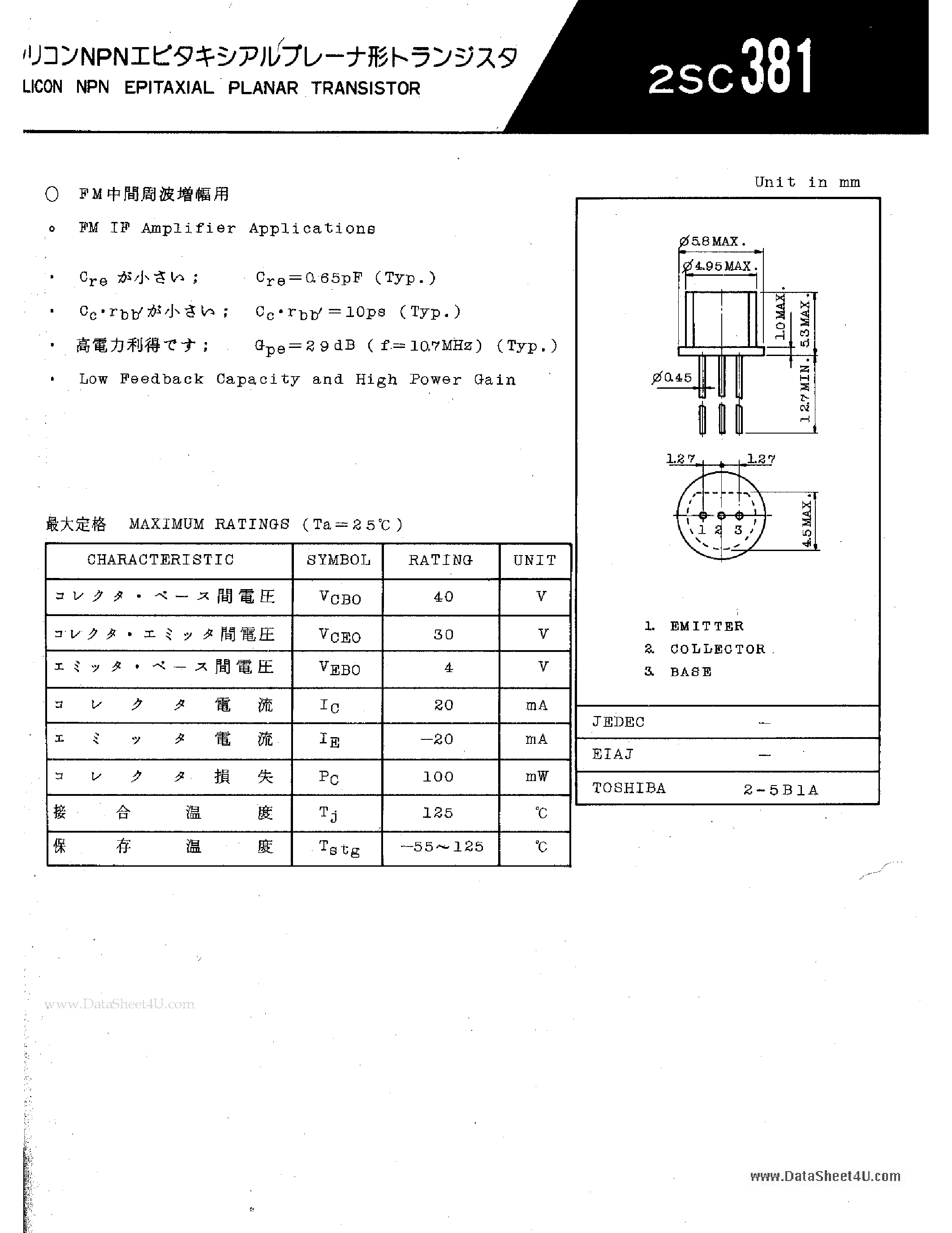 Datasheet 2SC381 page 1 Datasheet 2SC381 - LICON NPN EPITAXIAL PLANAR TRANSISTOR page 1