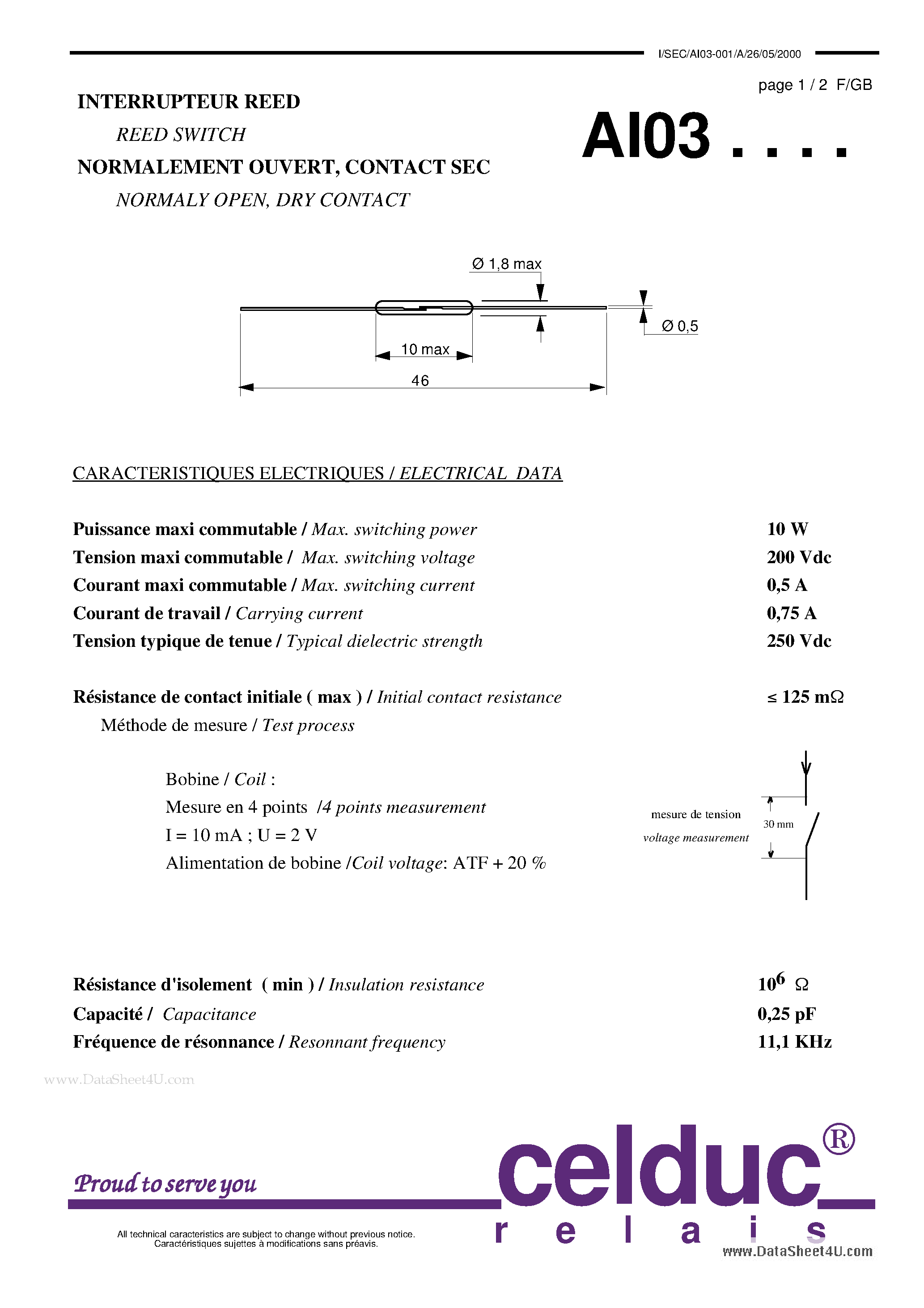 Даташит на микросхему AI03 страница 1 Даташит AI03 - REED SWITCH страница 1