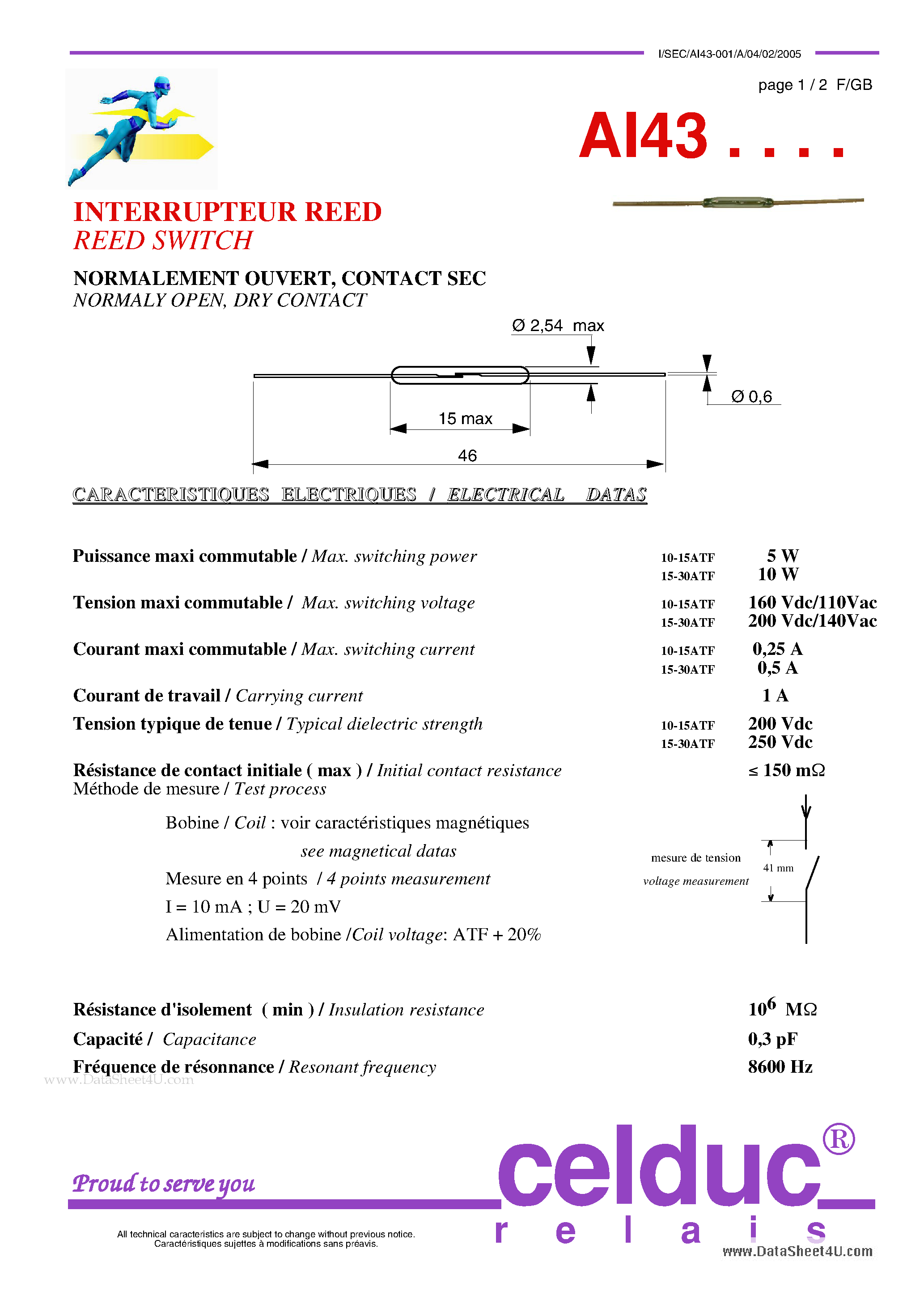 Даташит на микросхему AI43 страница 1 Даташит AI43 - REED SWITCH страница 1