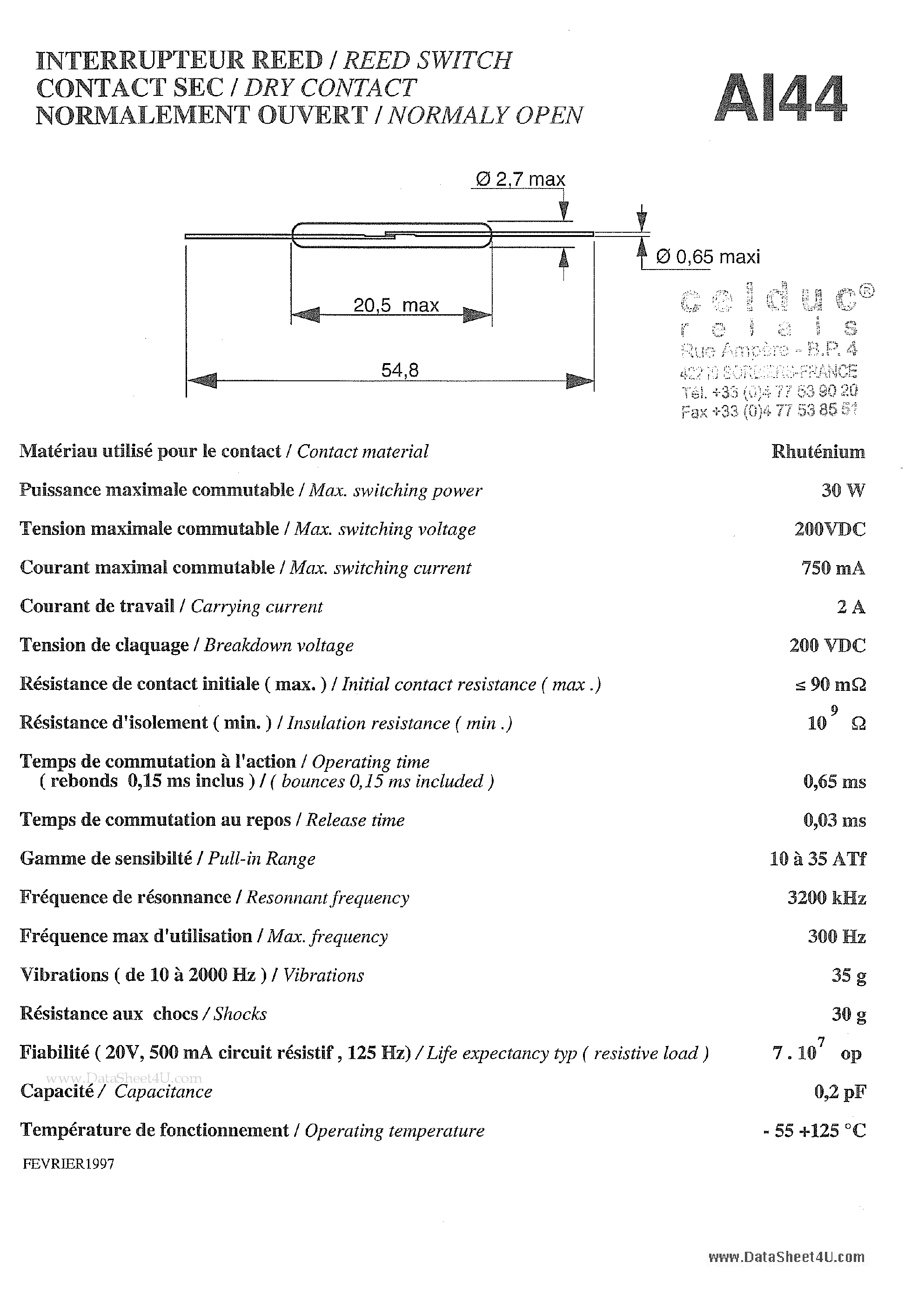 Даташит AI44 - REED SWITCH страница 1