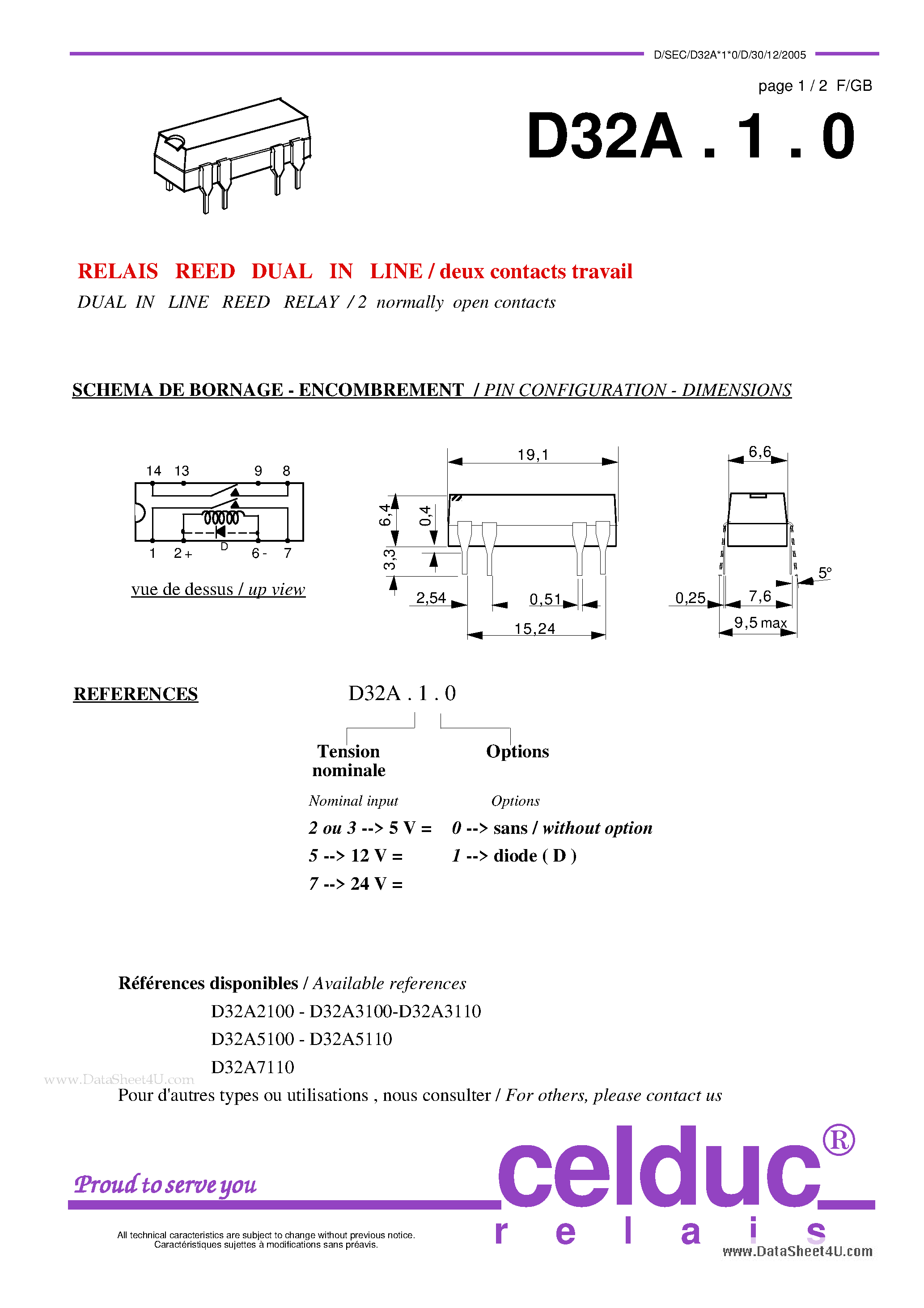 Даташит на микросхему D32A страница 1 Даташит D32A - DUAL IN LINE REED RELAY / 2 normally open contacts страница 1