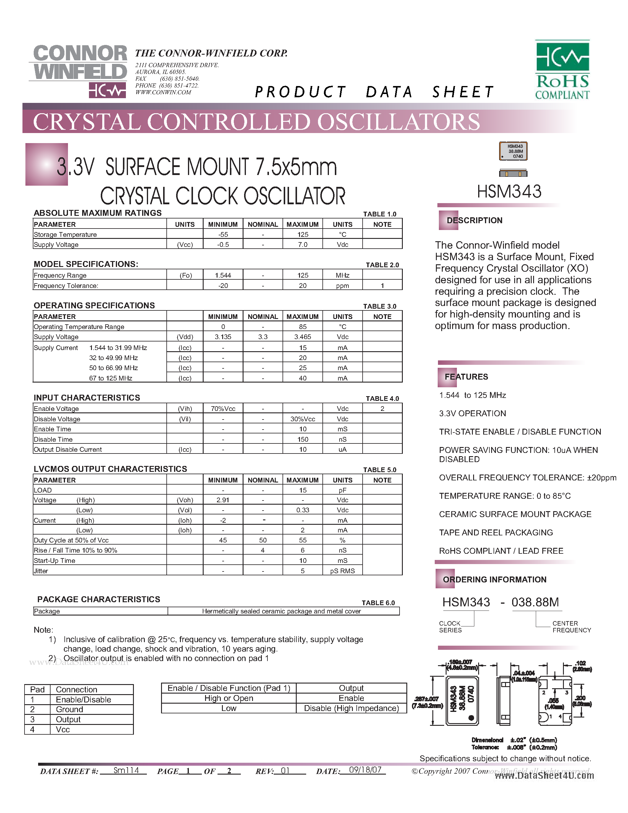 Datasheet HSM343 page 1 Datasheet HSM343 - 3.3V SURFACE MOUNT 7.5x5mm CRYSTAL CLOCK OSCILLATOR page 1