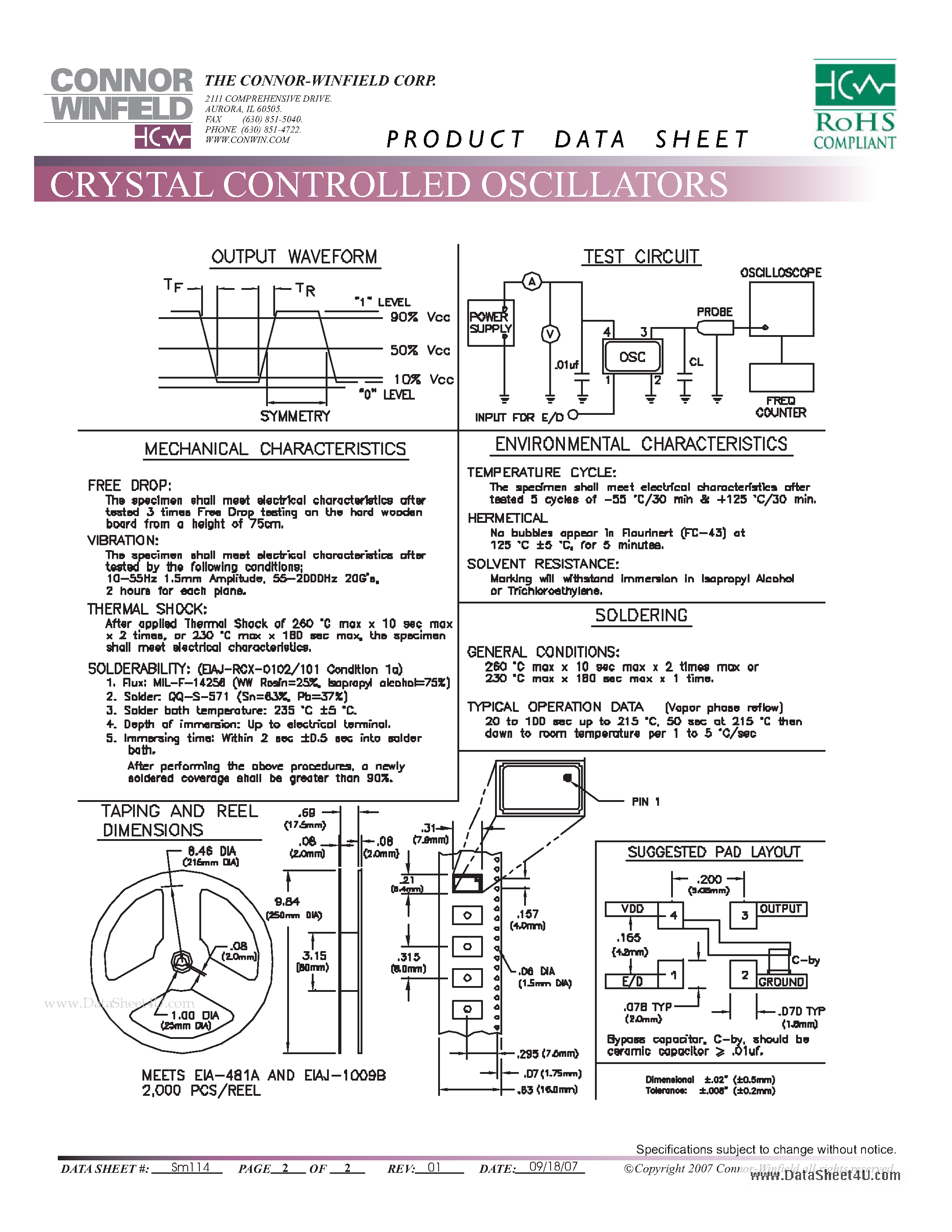 Datasheet HSM343 page 2 Datasheet HSM343 - 3.3V SURFACE MOUNT 7.5x5mm CRYSTAL CLOCK OSCILLATOR page 2