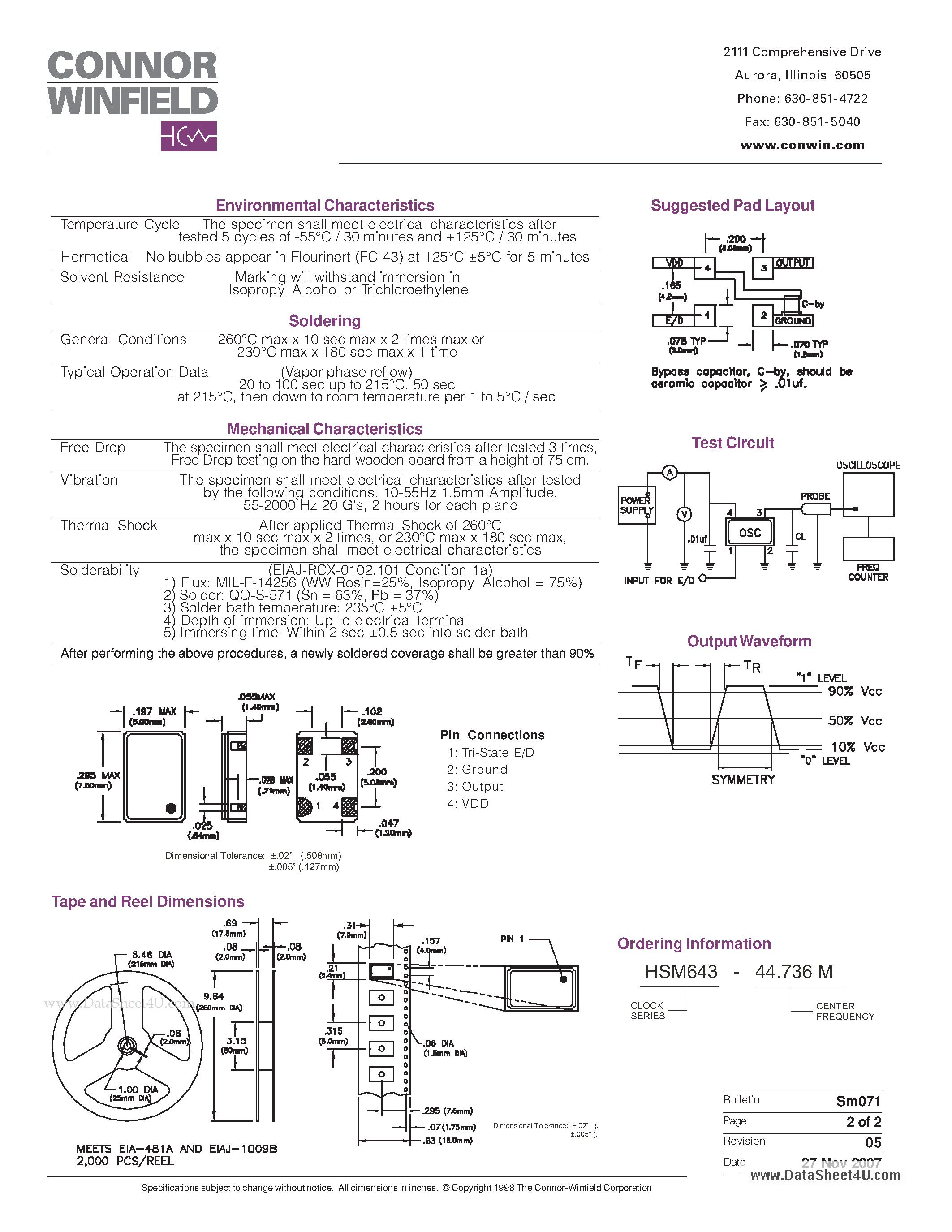 Даташит HSM643 - 3.3V Surface Mount Crystal Clock Oscillator страница 2