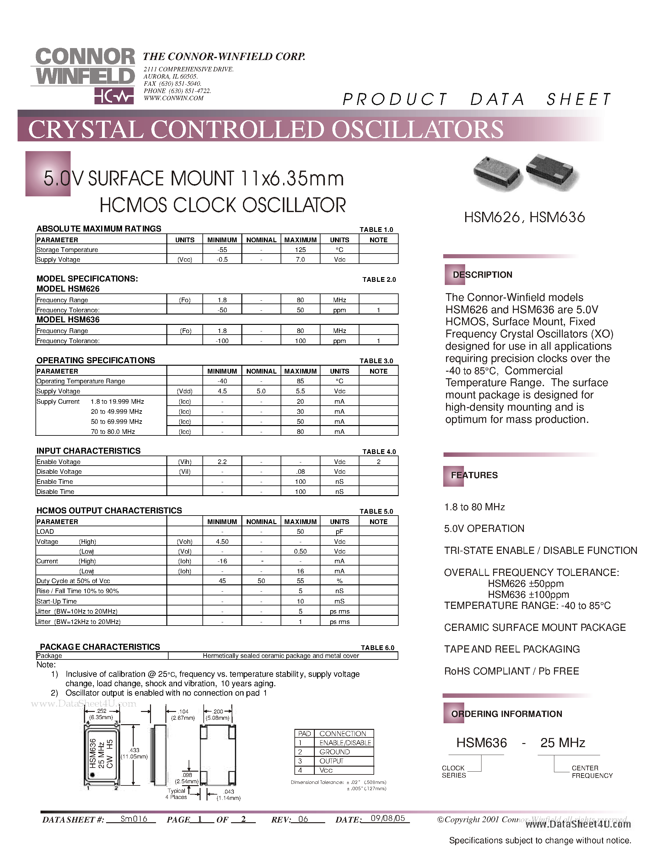 Datasheet HSM626 - 5.0V SURFACE MOUNT 11x6.35mm HCMOS CLOCK OSCILLATOR page 1