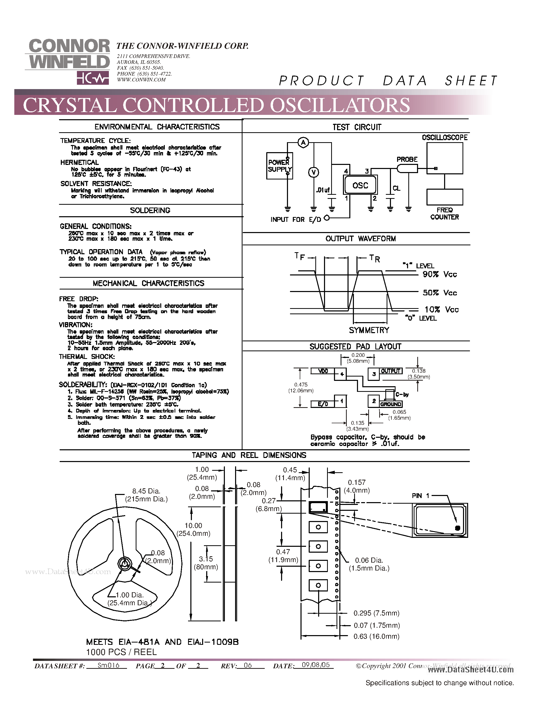 Datasheet HSM626 - 5.0V SURFACE MOUNT 11x6.35mm HCMOS CLOCK OSCILLATOR page 2