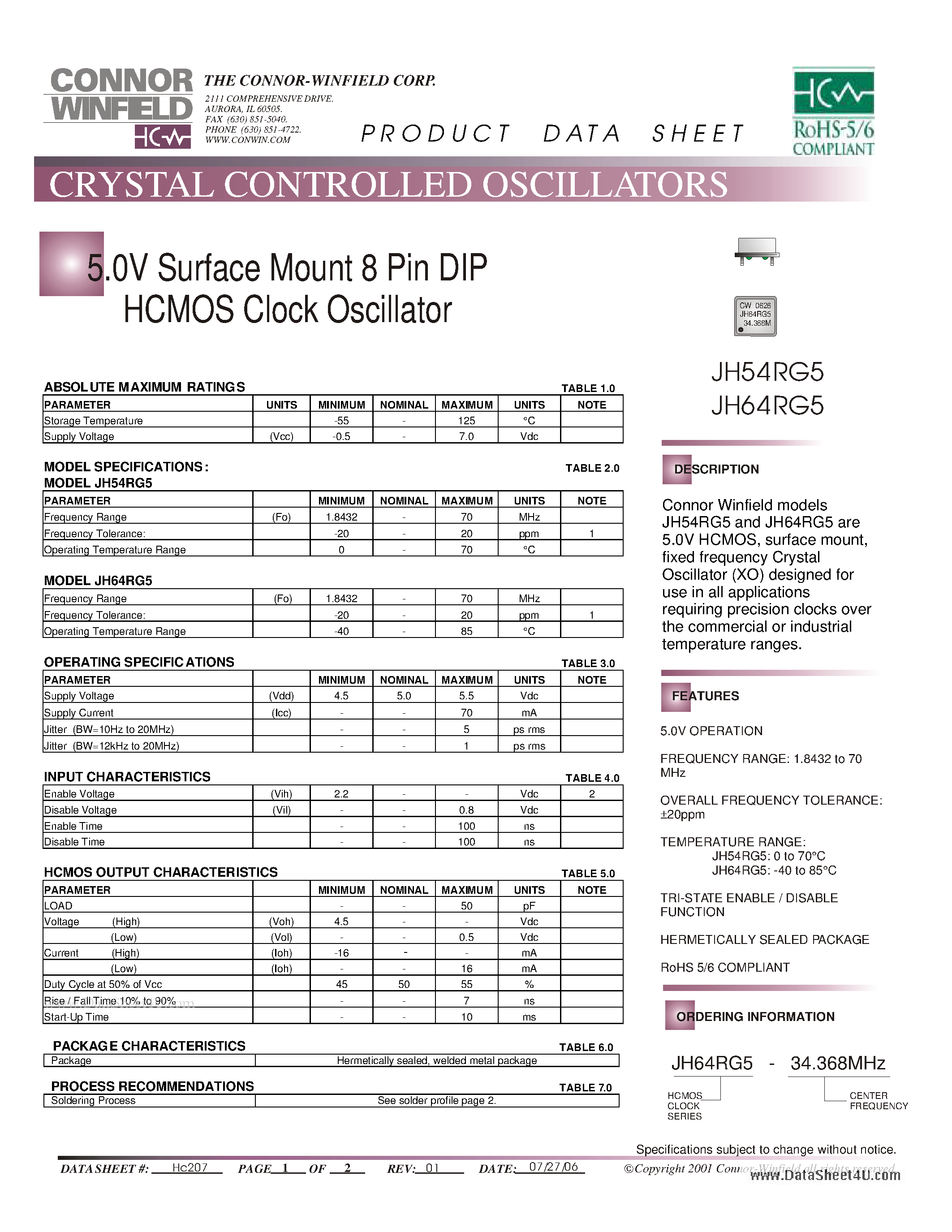 Datasheet JH64RG5 page 1 Datasheet JH64RG5 - 5.0V Surface Mount 8 Pin DIP HCMOS Clock Oscillator page 1